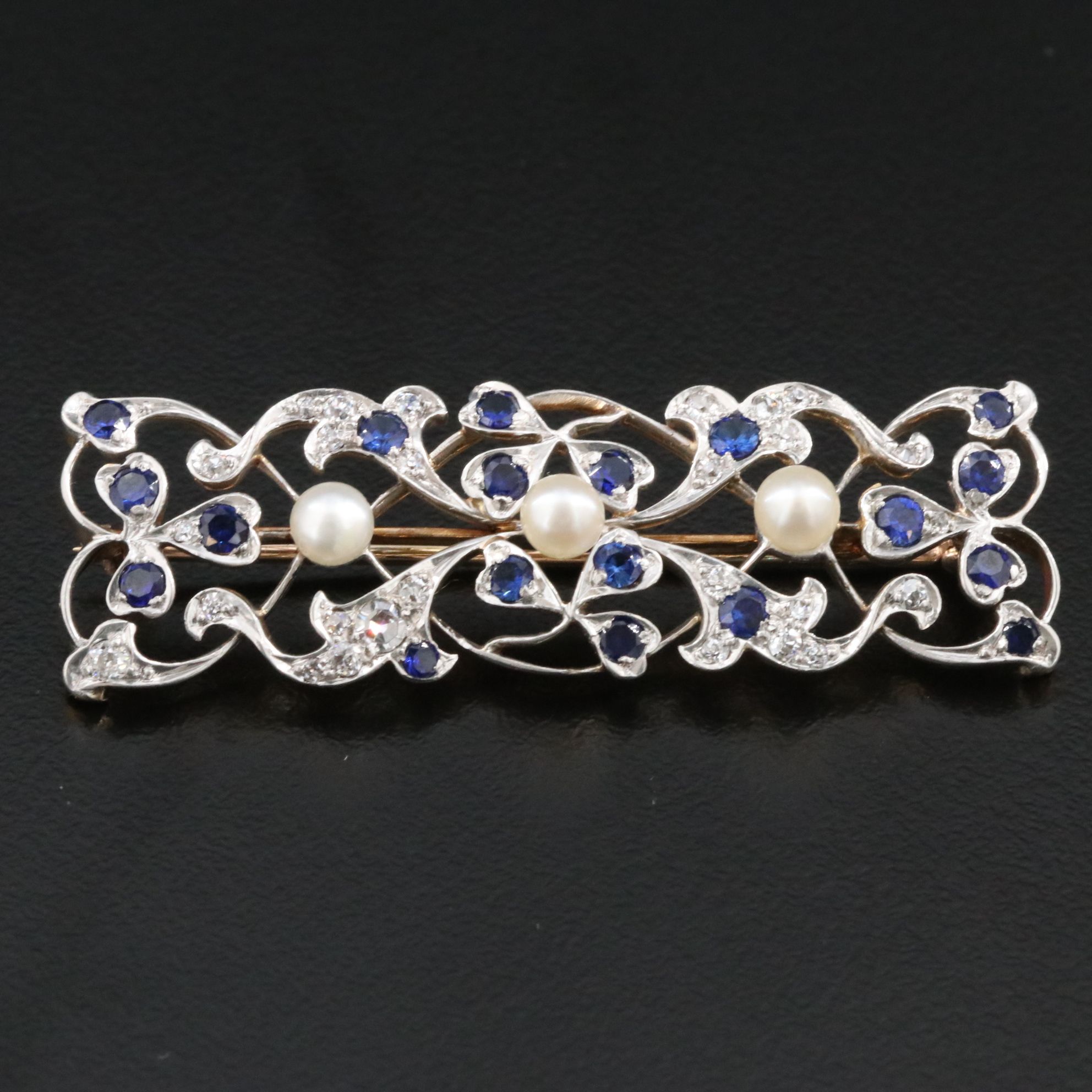 Edwardian 18K and Platinum 0.32 CTW Diamond, Blue Sapphire and Pearl Bar Brooch