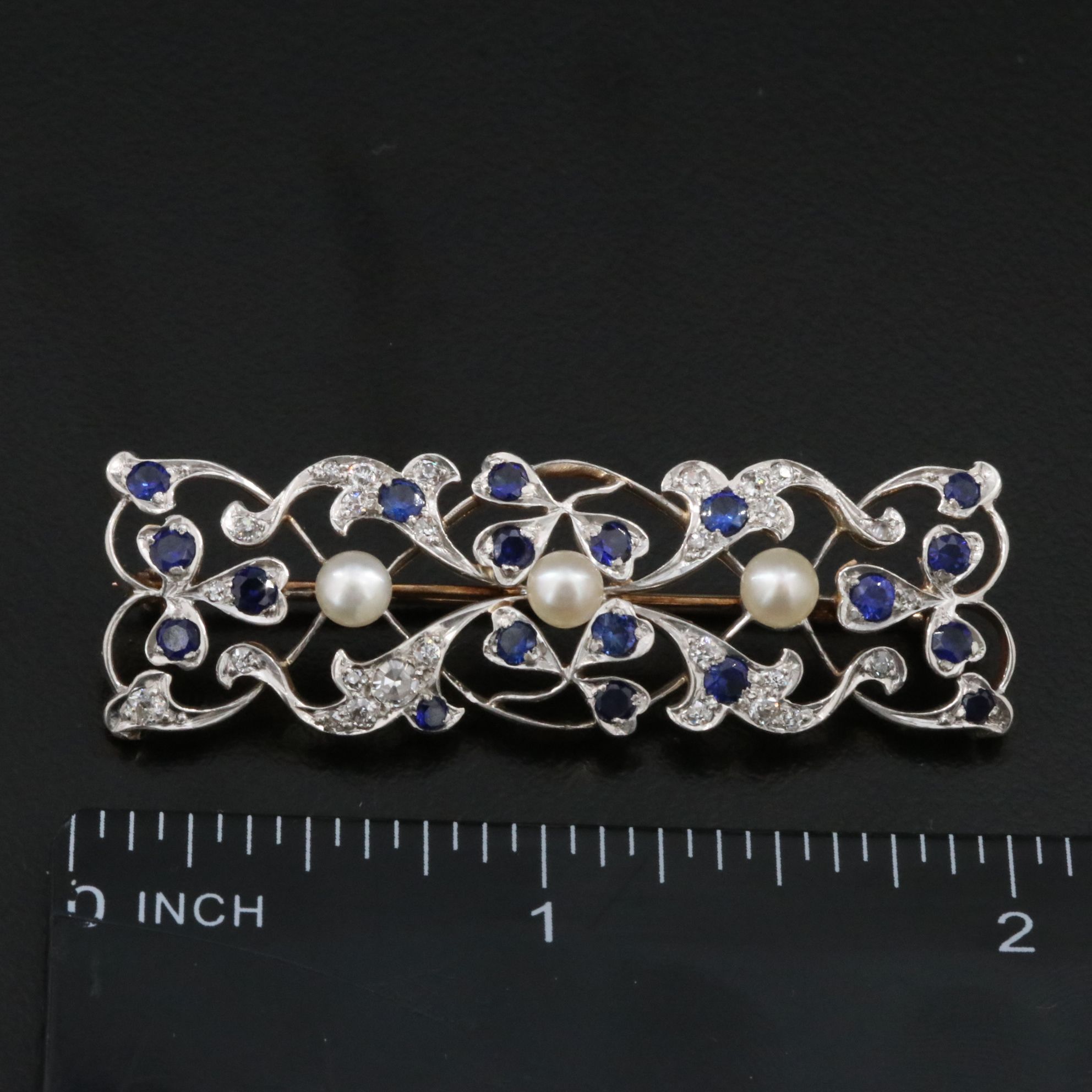 Edwardian 18K and Platinum 0.32 CTW Diamond, Blue Sapphire and Pearl Bar Brooch