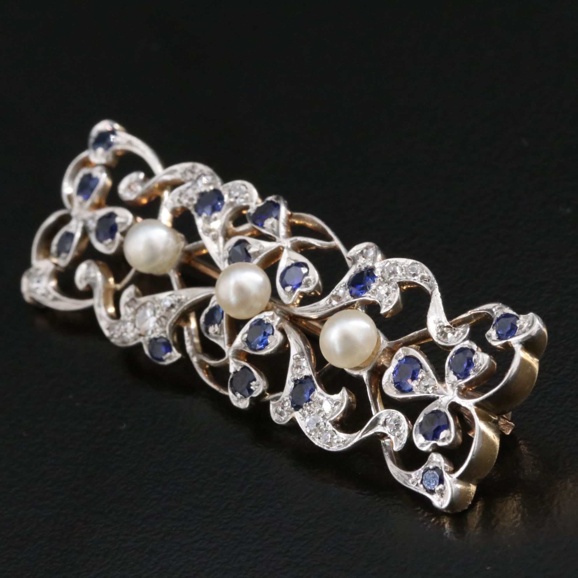 Edwardian 18K and Platinum 0.32 CTW Diamond, Blue Sapphire and Pearl Bar Brooch