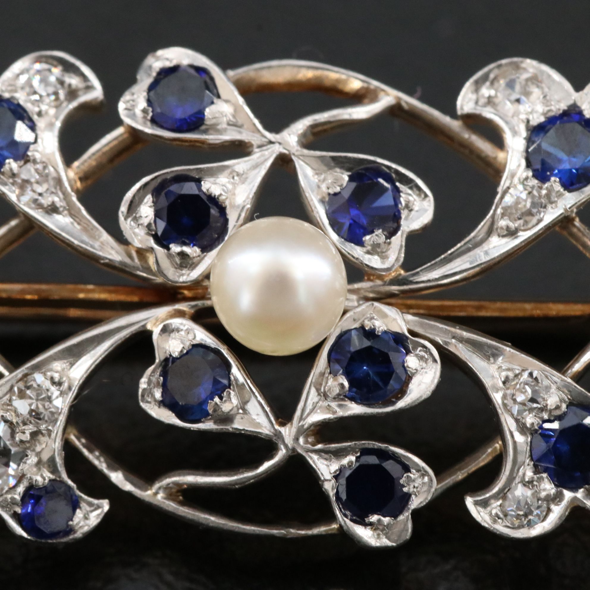 Edwardian 18K and Platinum 0.32 CTW Diamond, Blue Sapphire and Pearl Bar Brooch