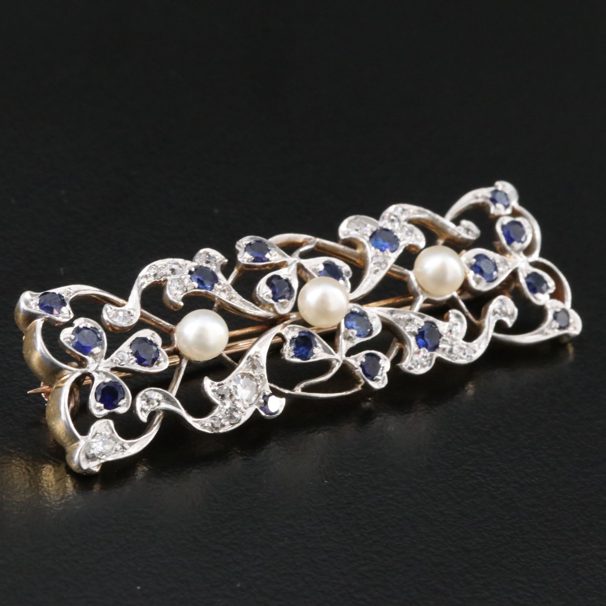 Edwardian 18K and Platinum 0.32 CTW Diamond, Blue Sapphire and Pearl Bar Brooch