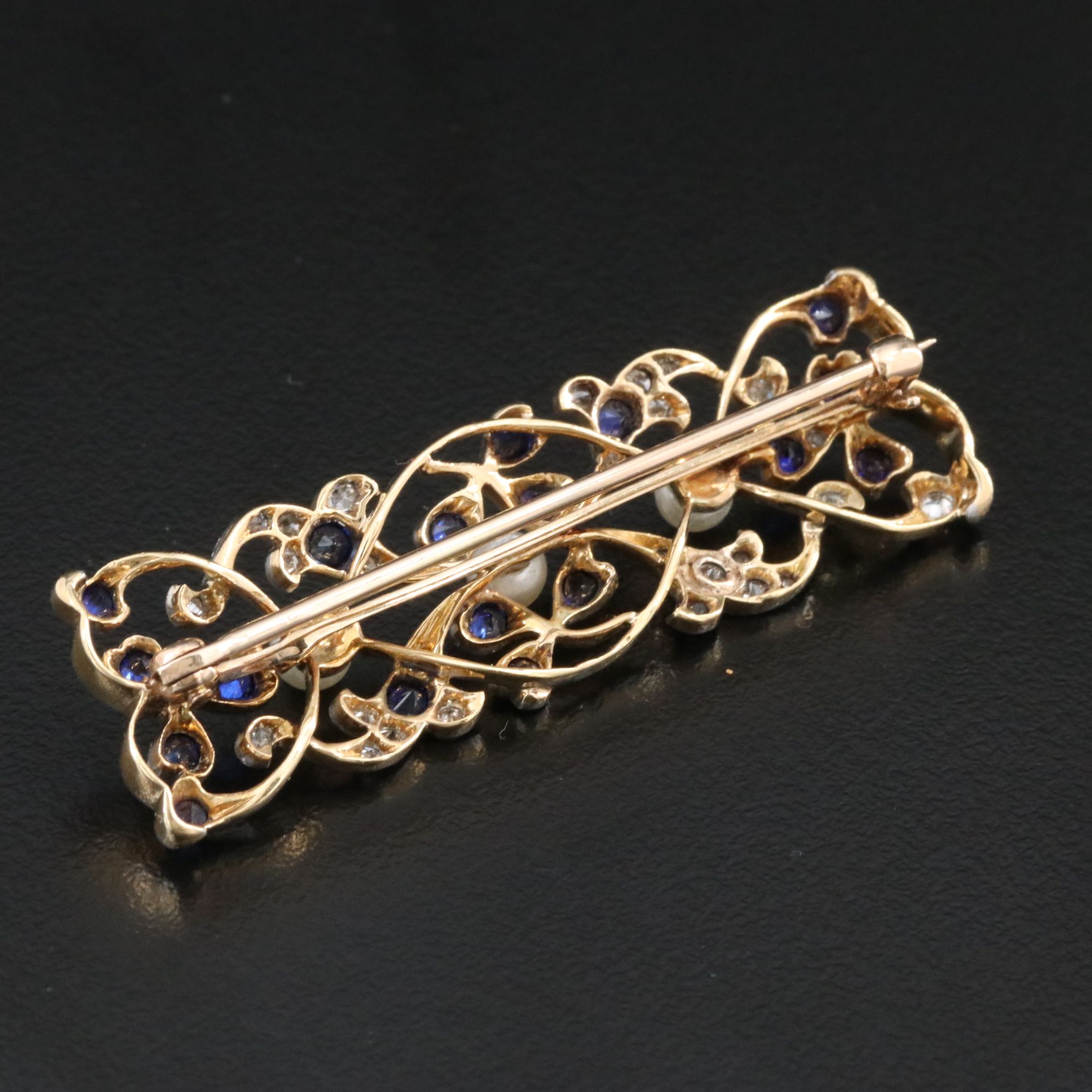 Edwardian 18K and Platinum 0.32 CTW Diamond, Blue Sapphire and Pearl Bar Brooch