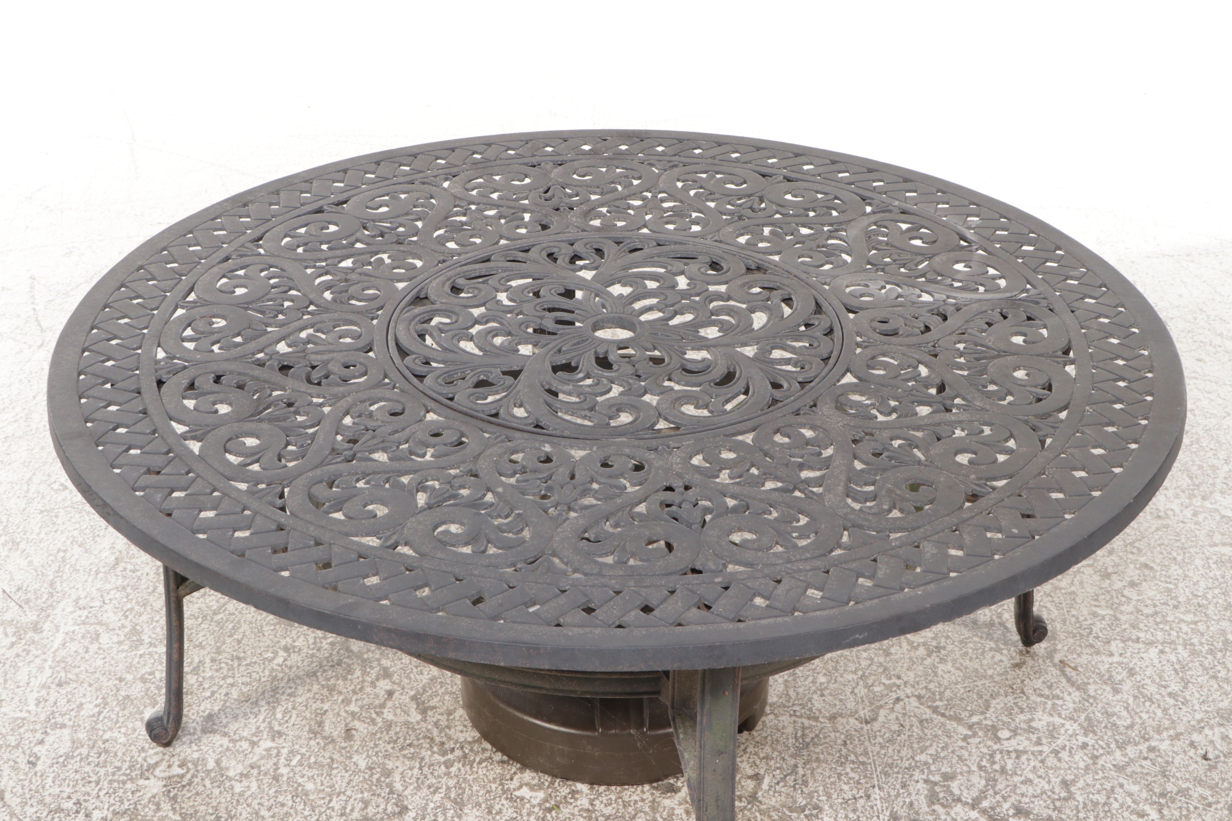 Cast Metal Five-Piece Patio Low Dining Set with Umbrella