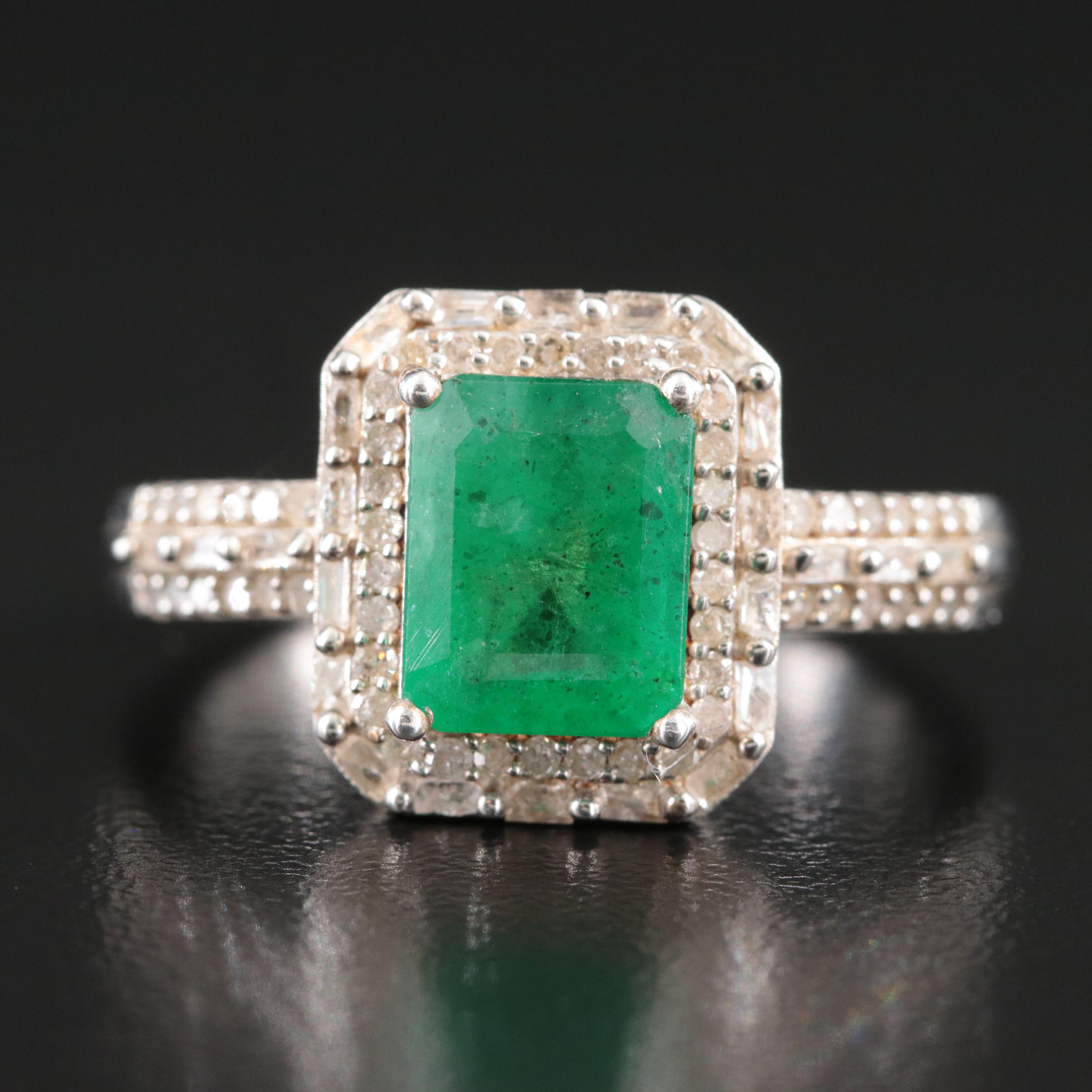 Sterling Emerald and Diamond Ring