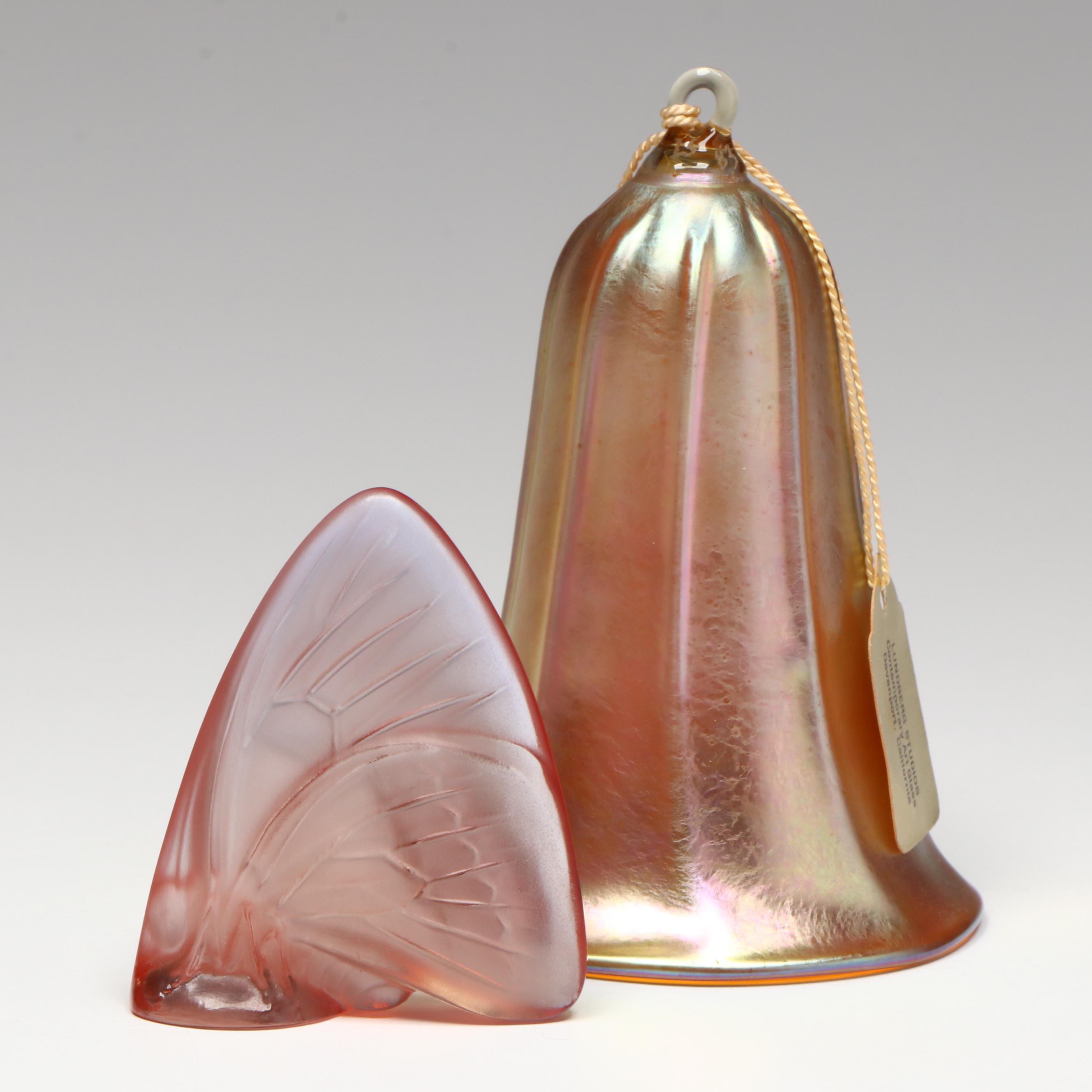 Lalique French Art Glass Butterfly and Lundberg Studios Bell Ornament
