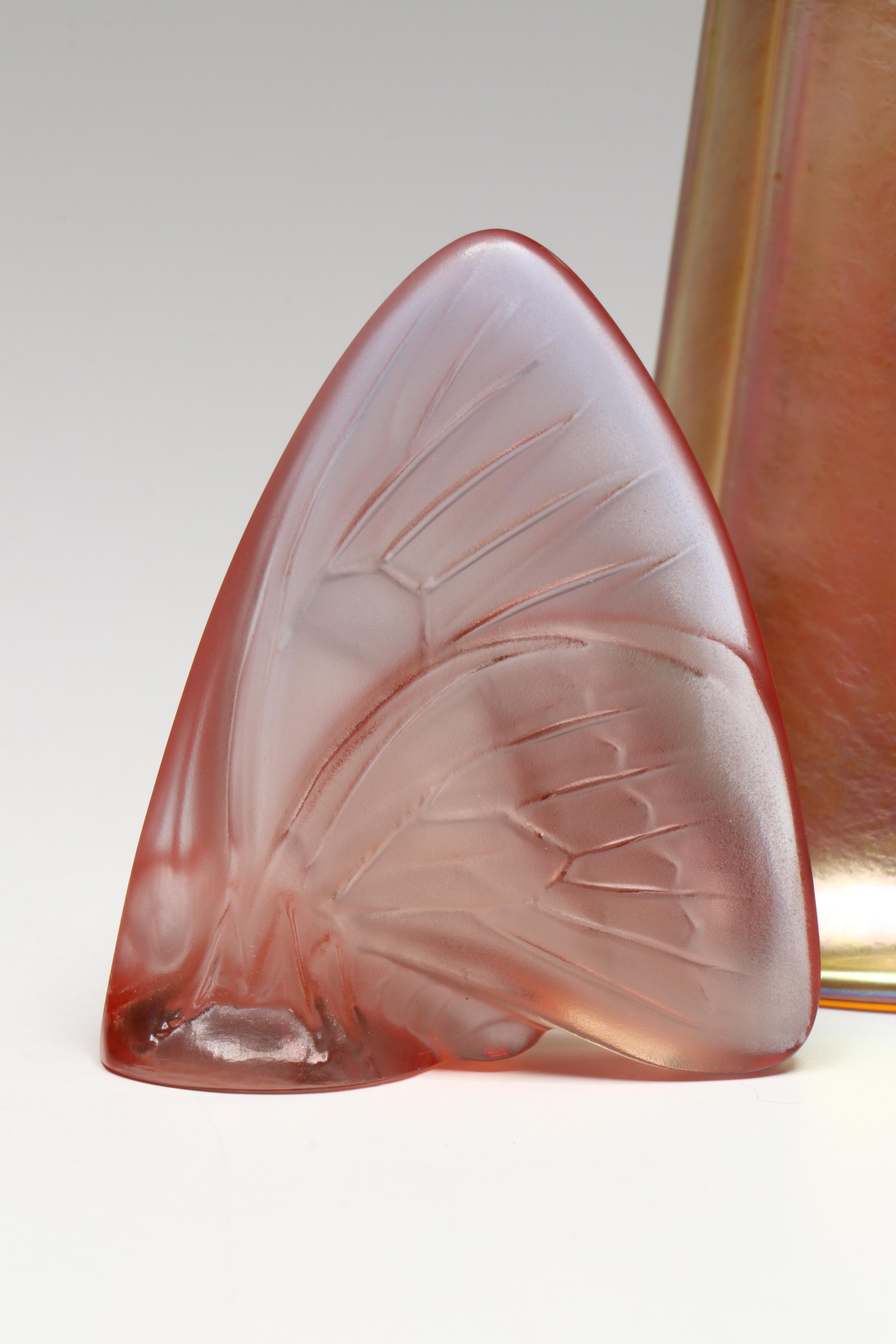 Lalique French Art Glass Butterfly and Lundberg Studios Bell Ornament