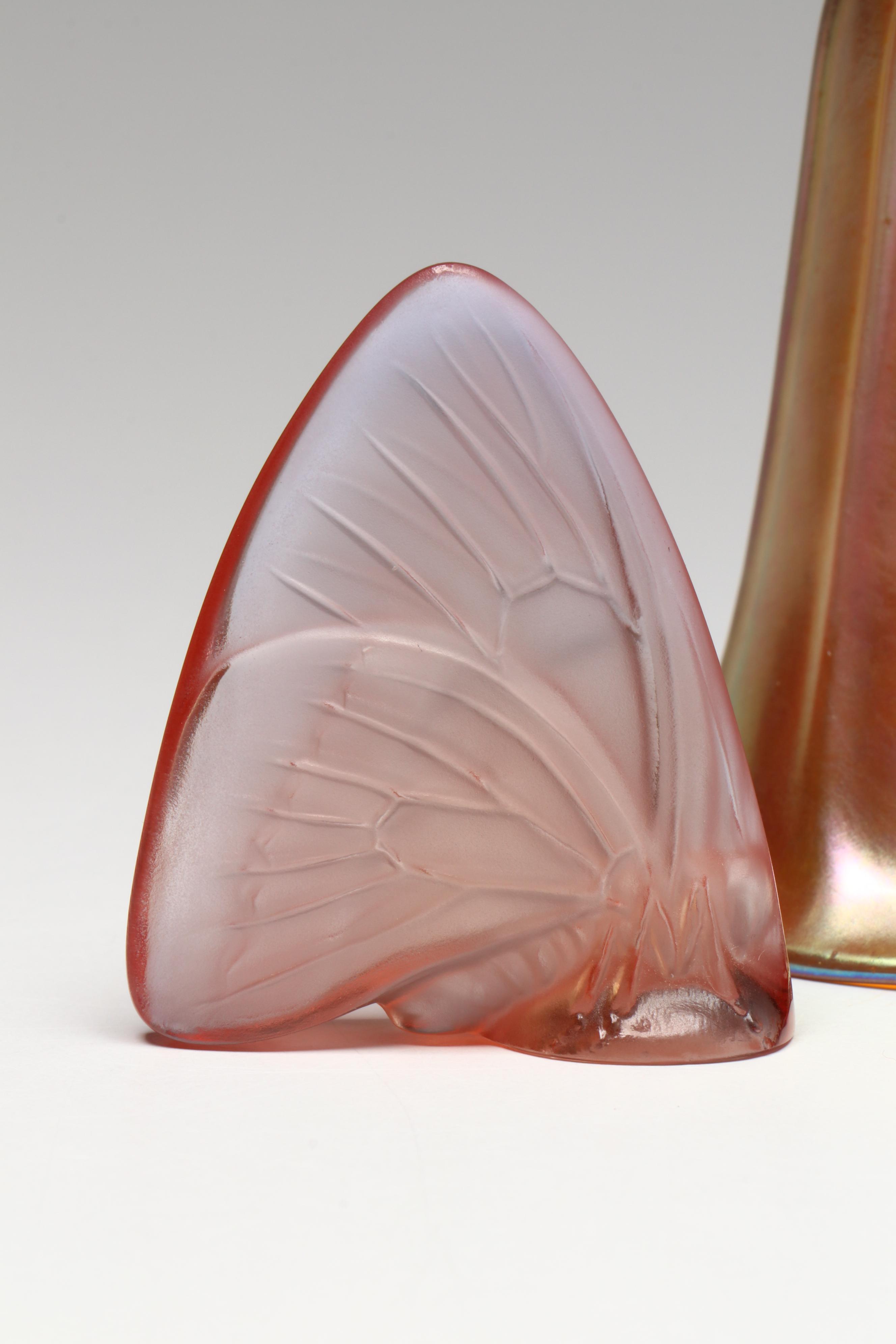 Lalique French Art Glass Butterfly and Lundberg Studios Bell Ornament