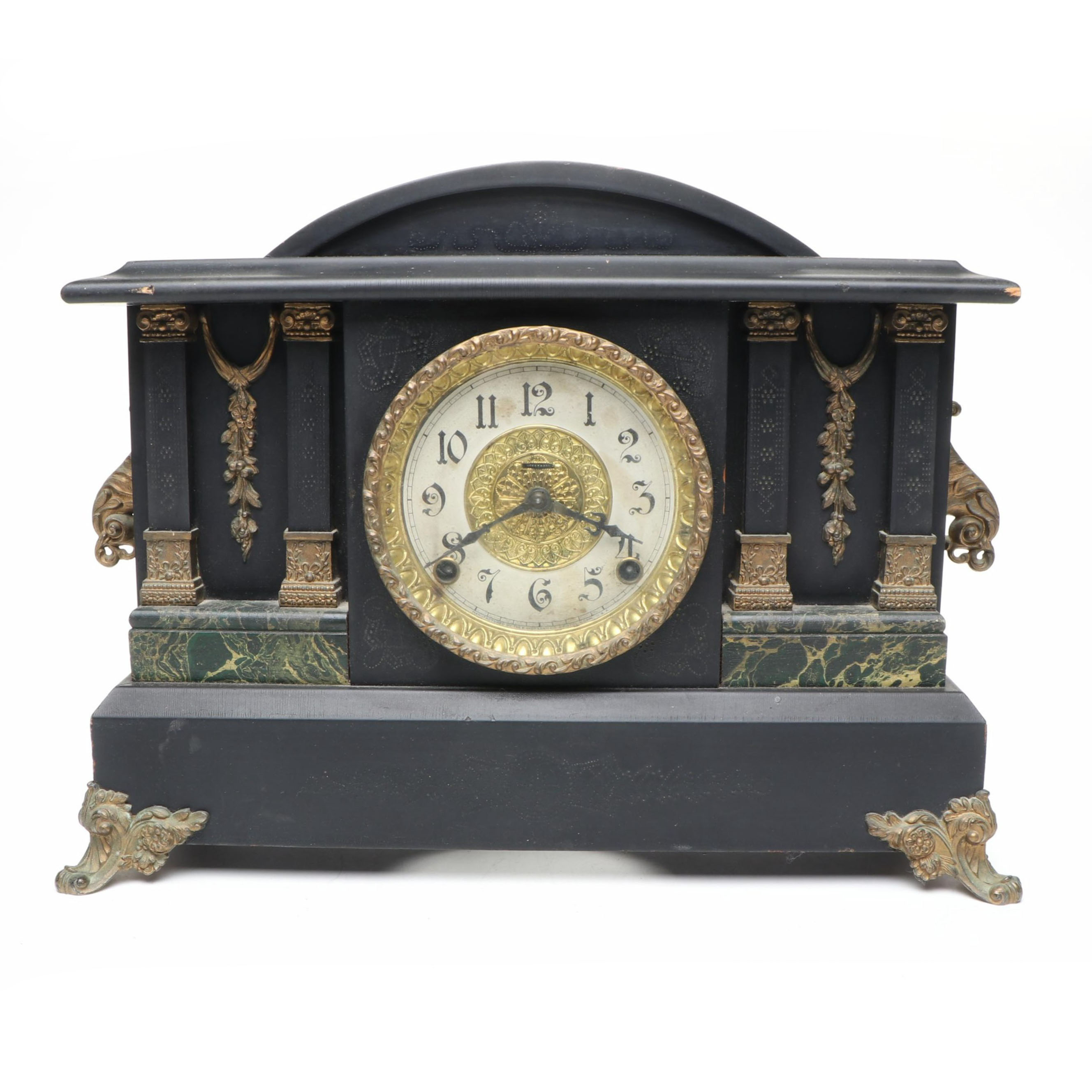 Neoclassical Style E. Ingraham Co. Wooden and Brass Mantel Clock