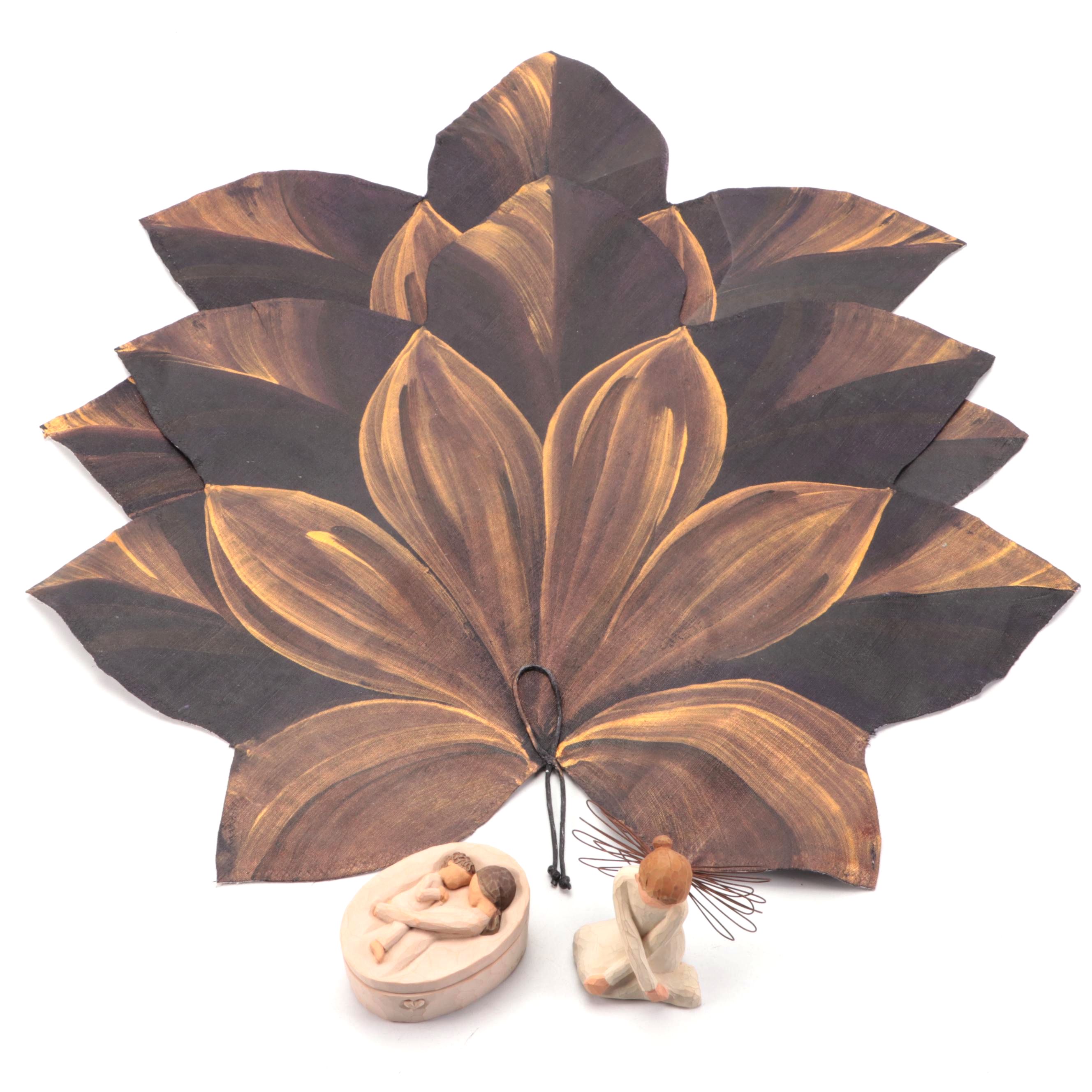 Carole Shiber Hand-Painted Leaf Placemats with Willow Tree Figurine and Box