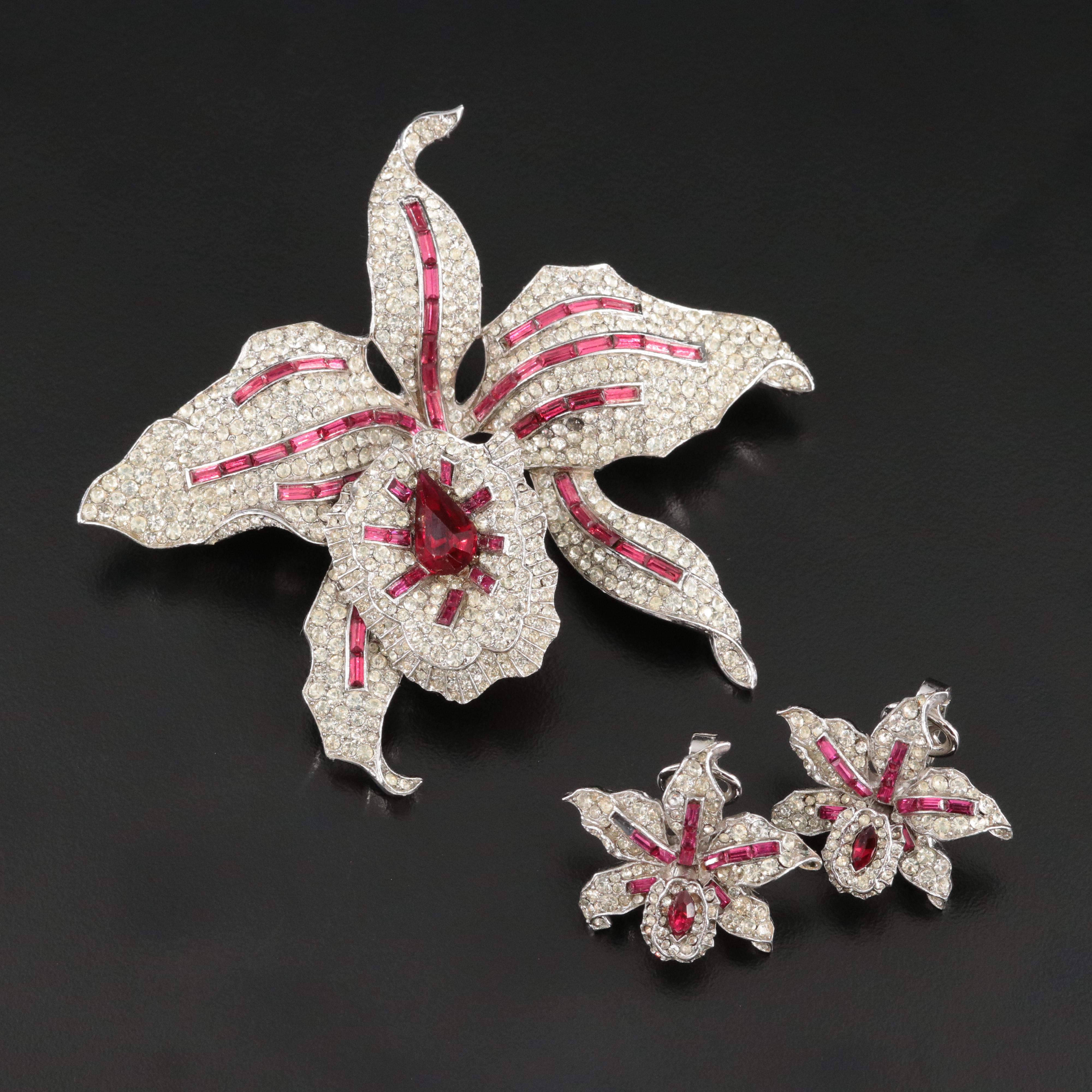 Vintage Crown Trifari Rhinestone Orchid Trembler Brooch and Earring Set