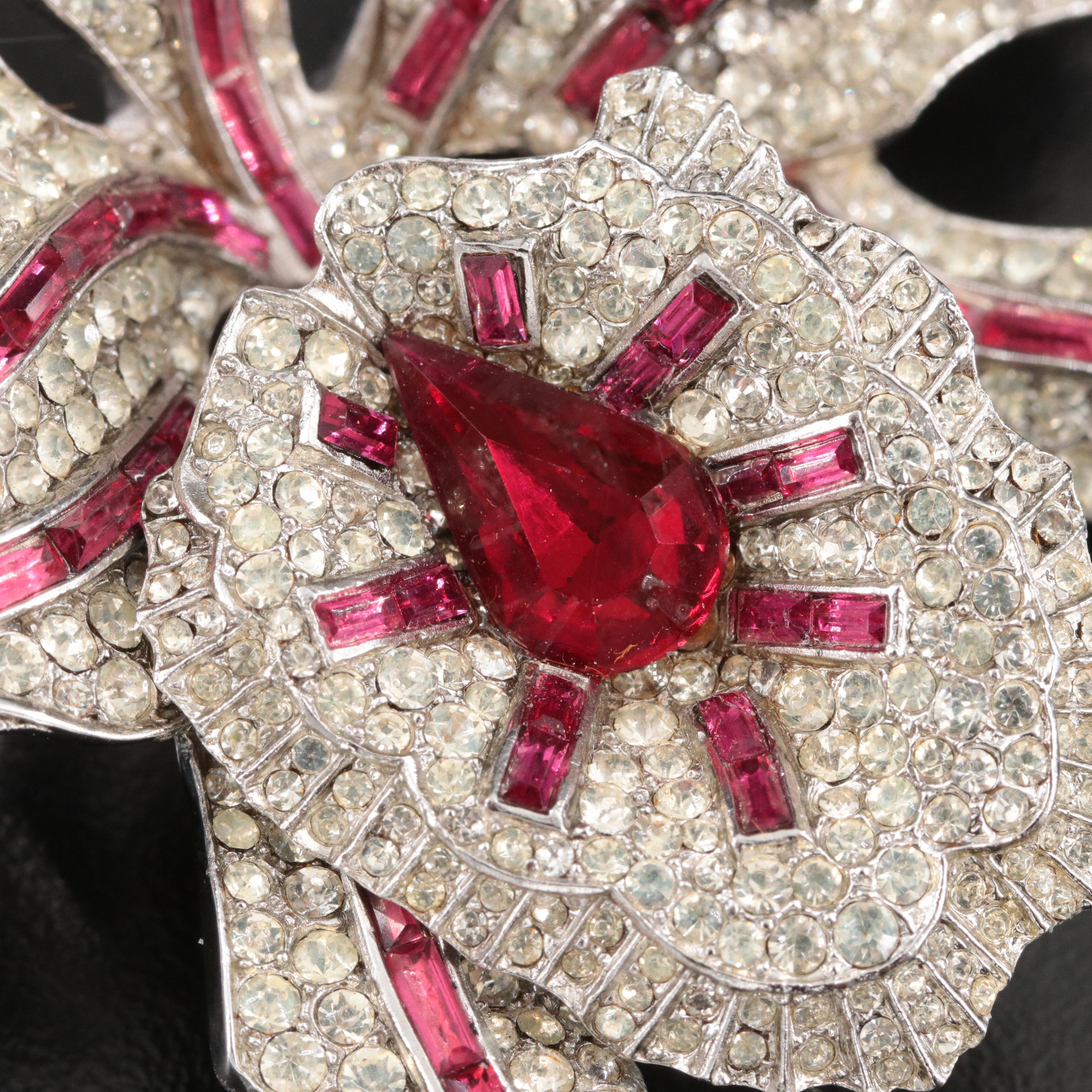 Vintage Crown Trifari Rhinestone Orchid Trembler Brooch and Earring Set