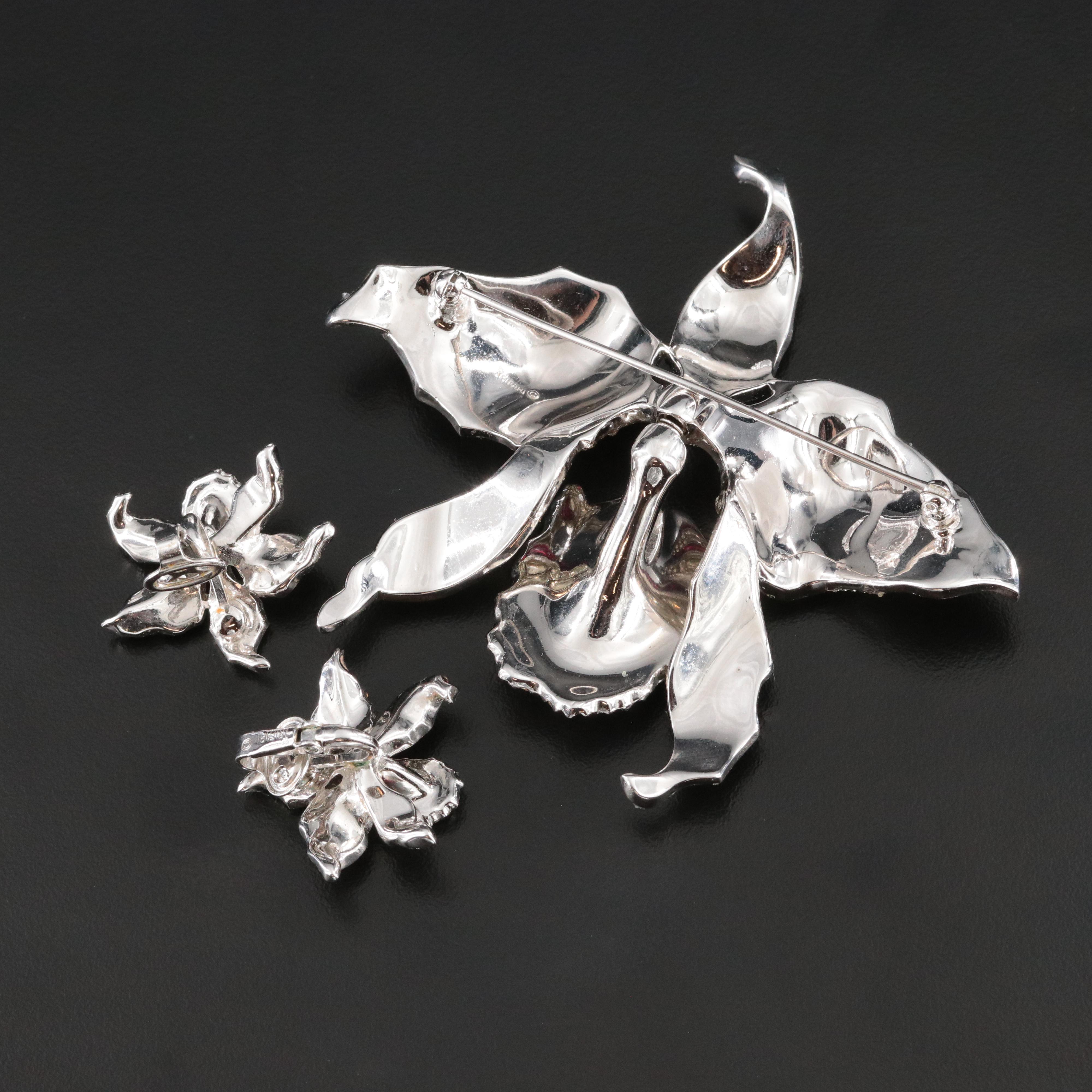 Vintage Crown Trifari Rhinestone Orchid Trembler Brooch and Earring Set