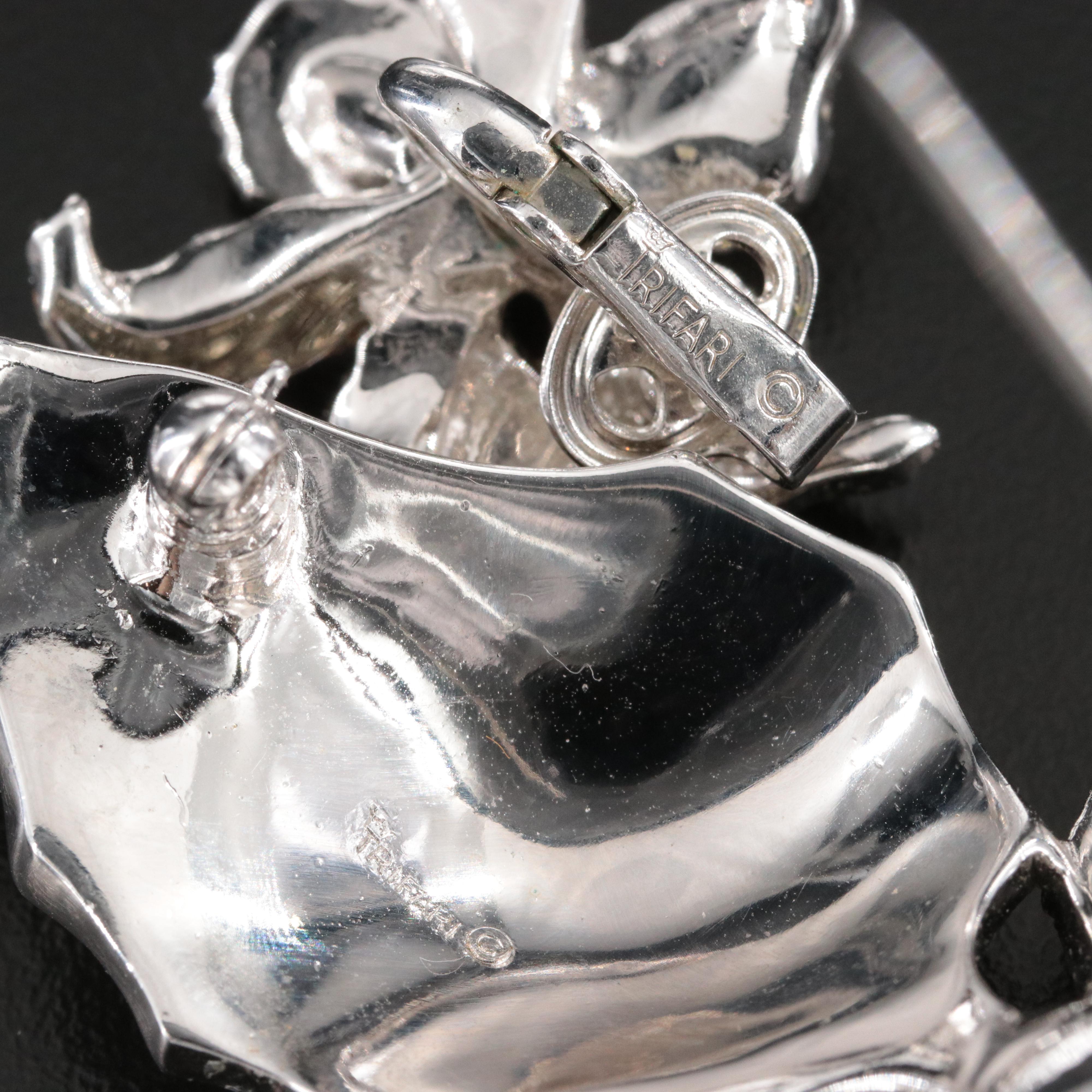 Vintage Crown Trifari Rhinestone Orchid Trembler Brooch and Earring Set