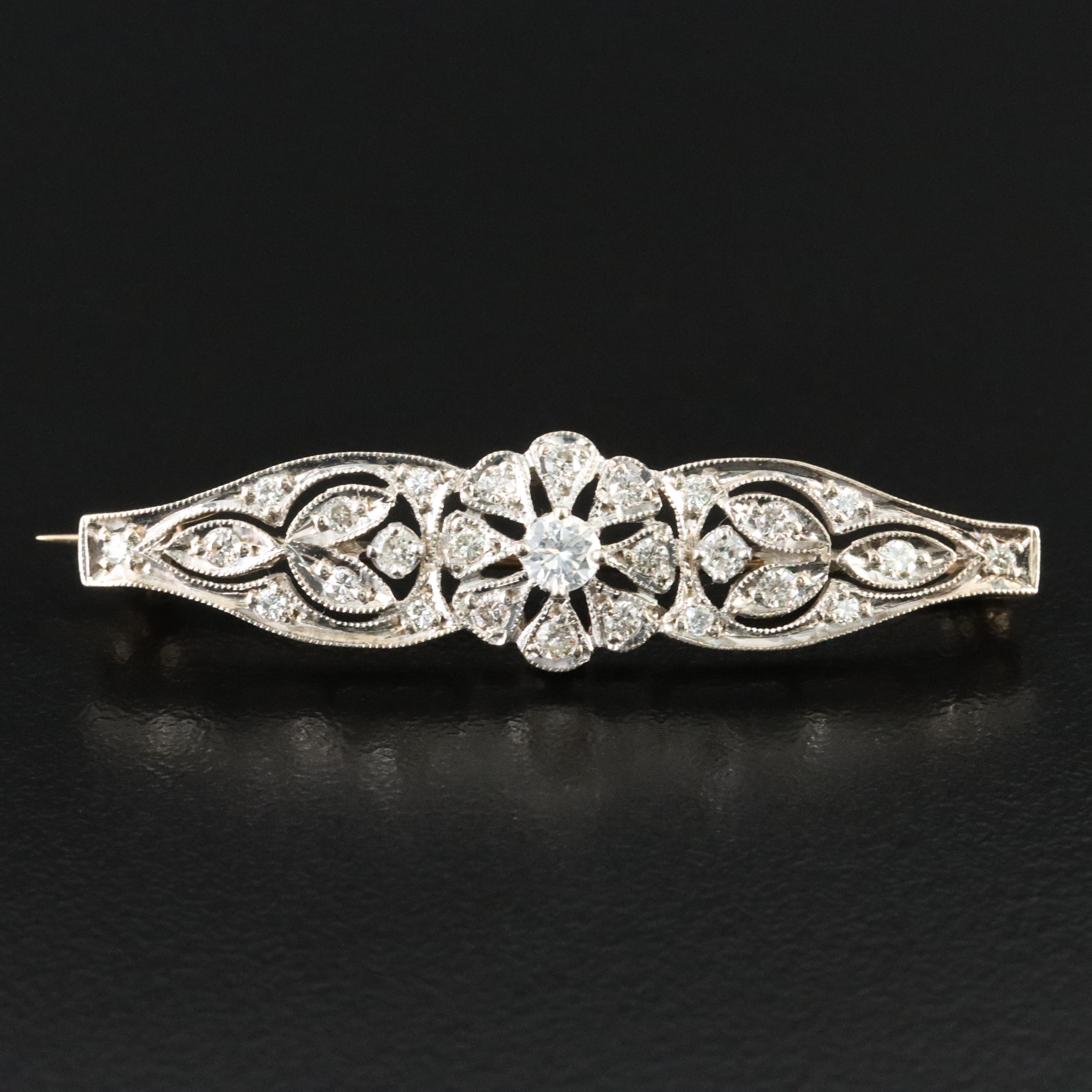 Vintage 14K 0.63 CTW Diamond Bar Brooch