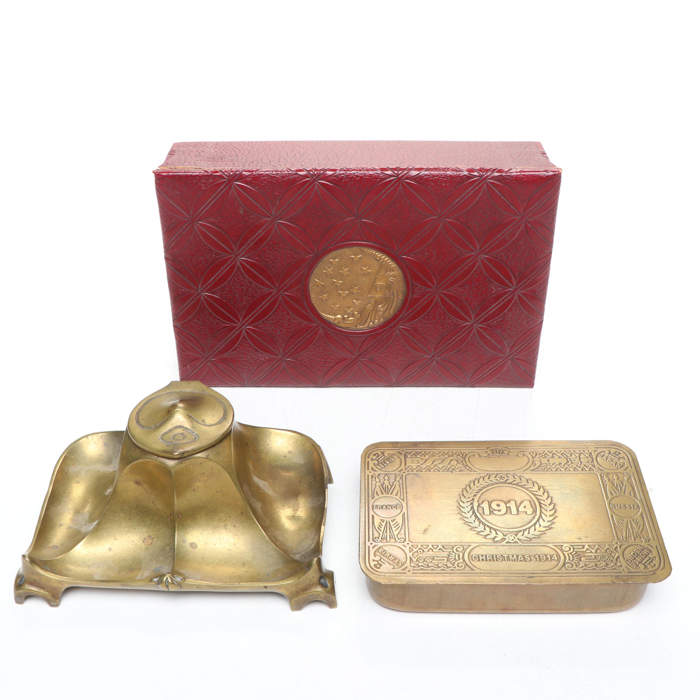 Brass Reproduction of Princess Mary Christmas Tin with Inkwell and Lidded Box