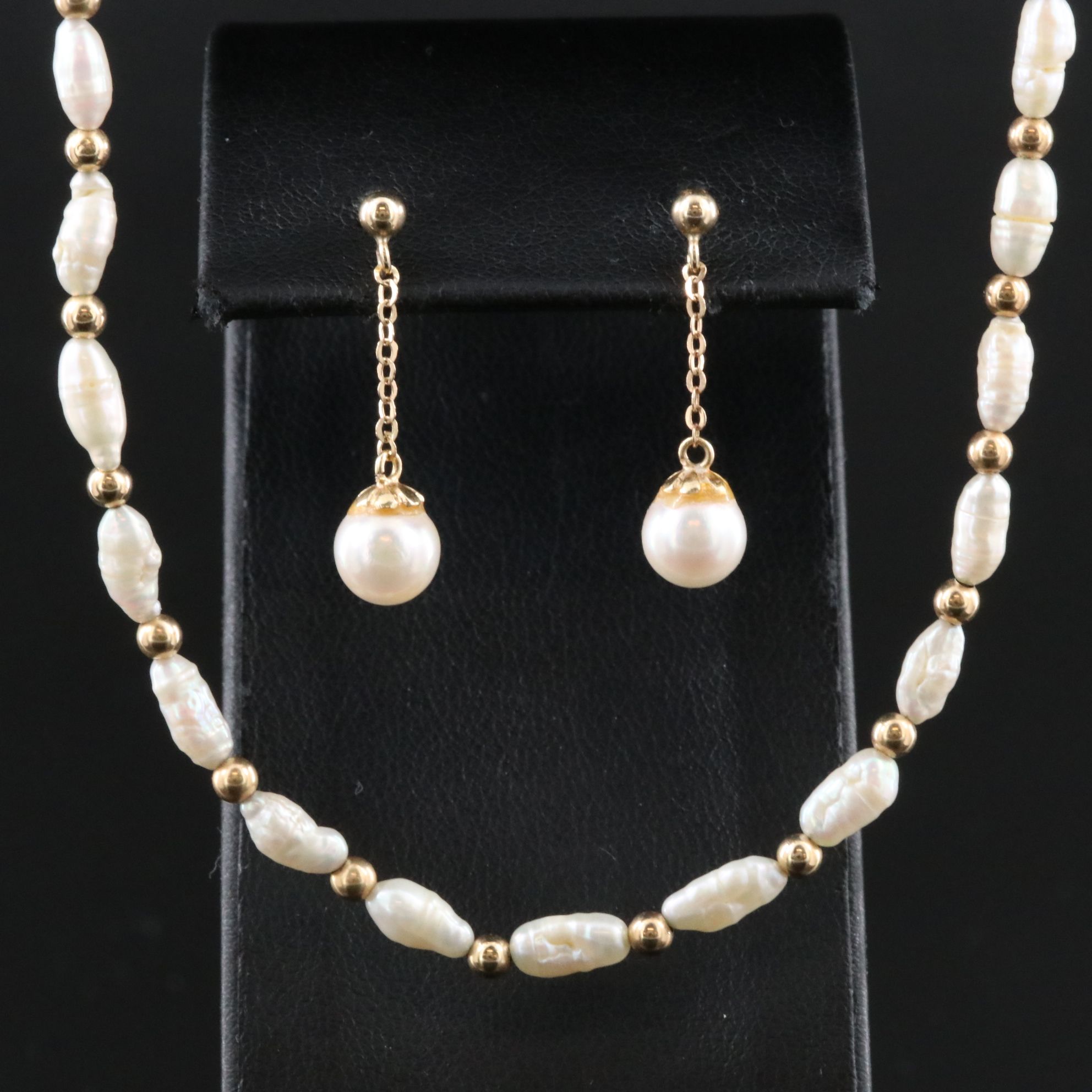14K Pearl Necklace and Drop Earrings