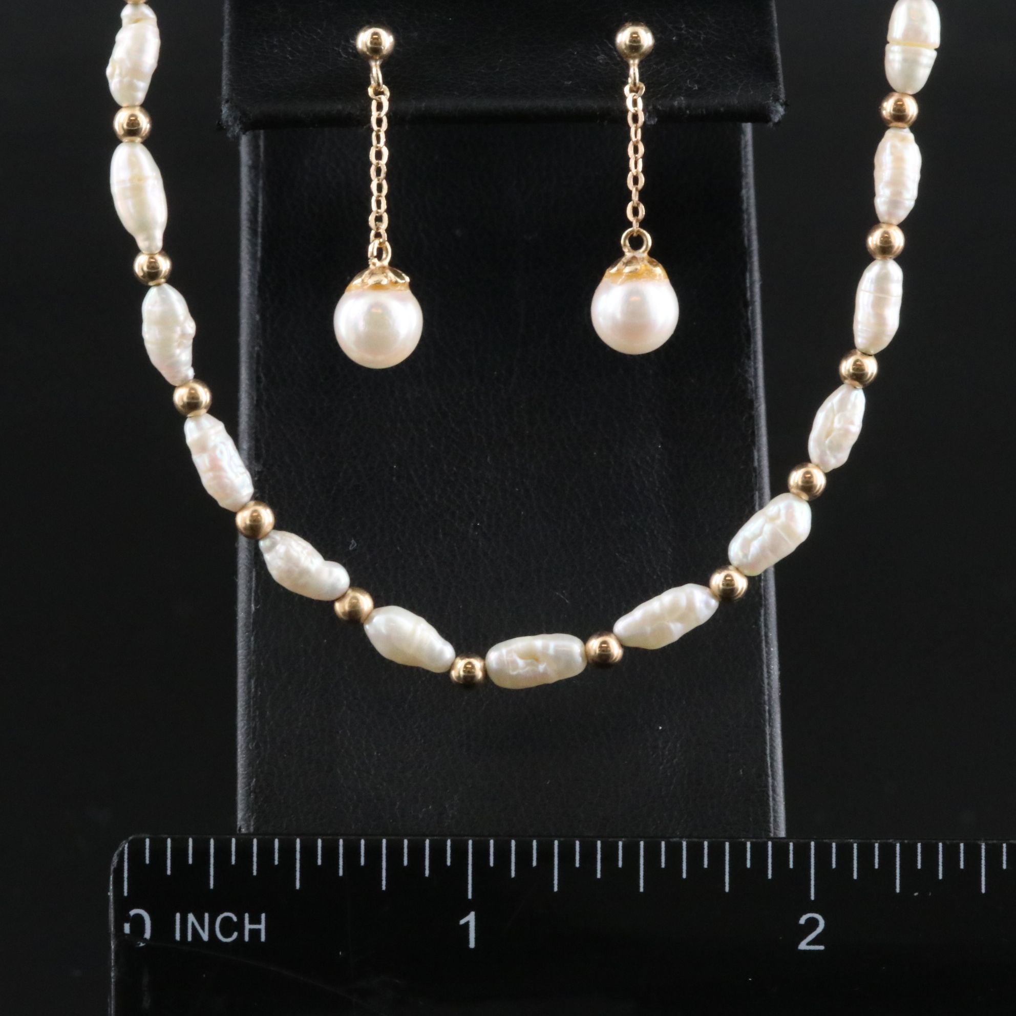 14K Pearl Necklace and Drop Earrings