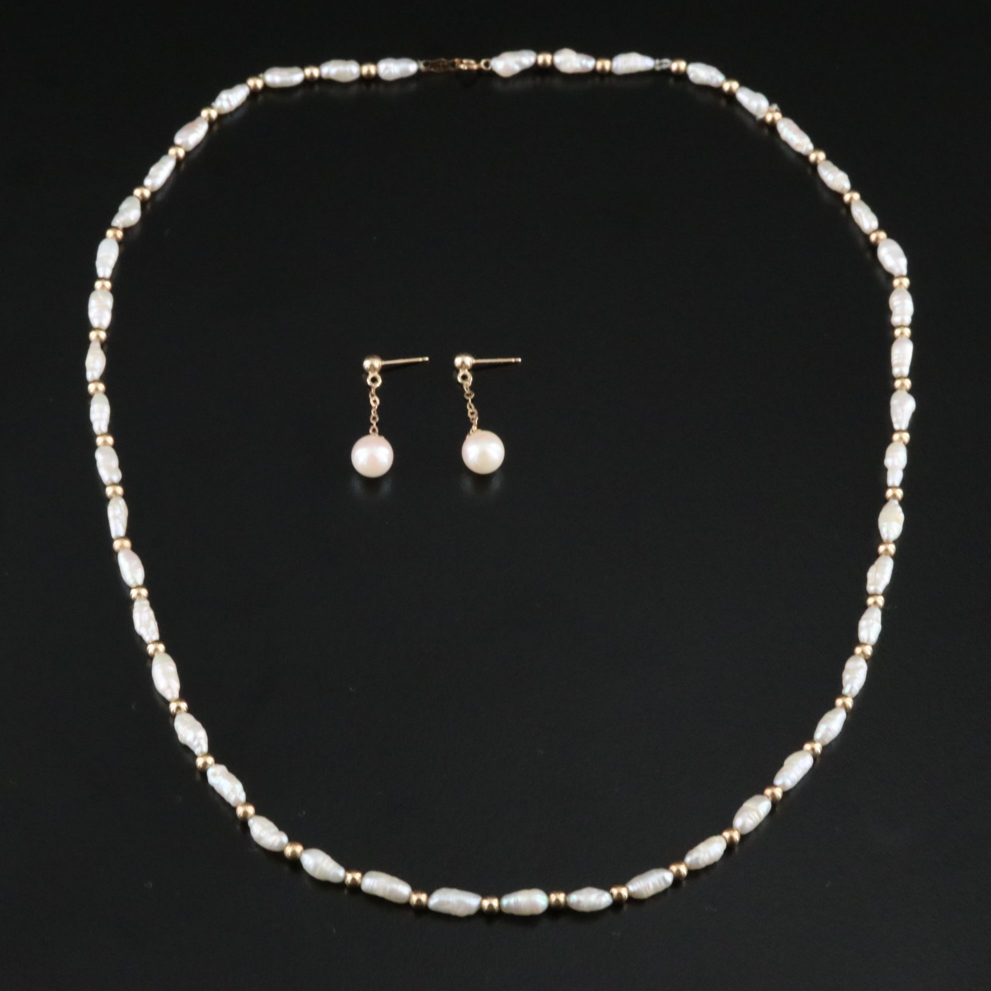 14K Pearl Necklace and Drop Earrings