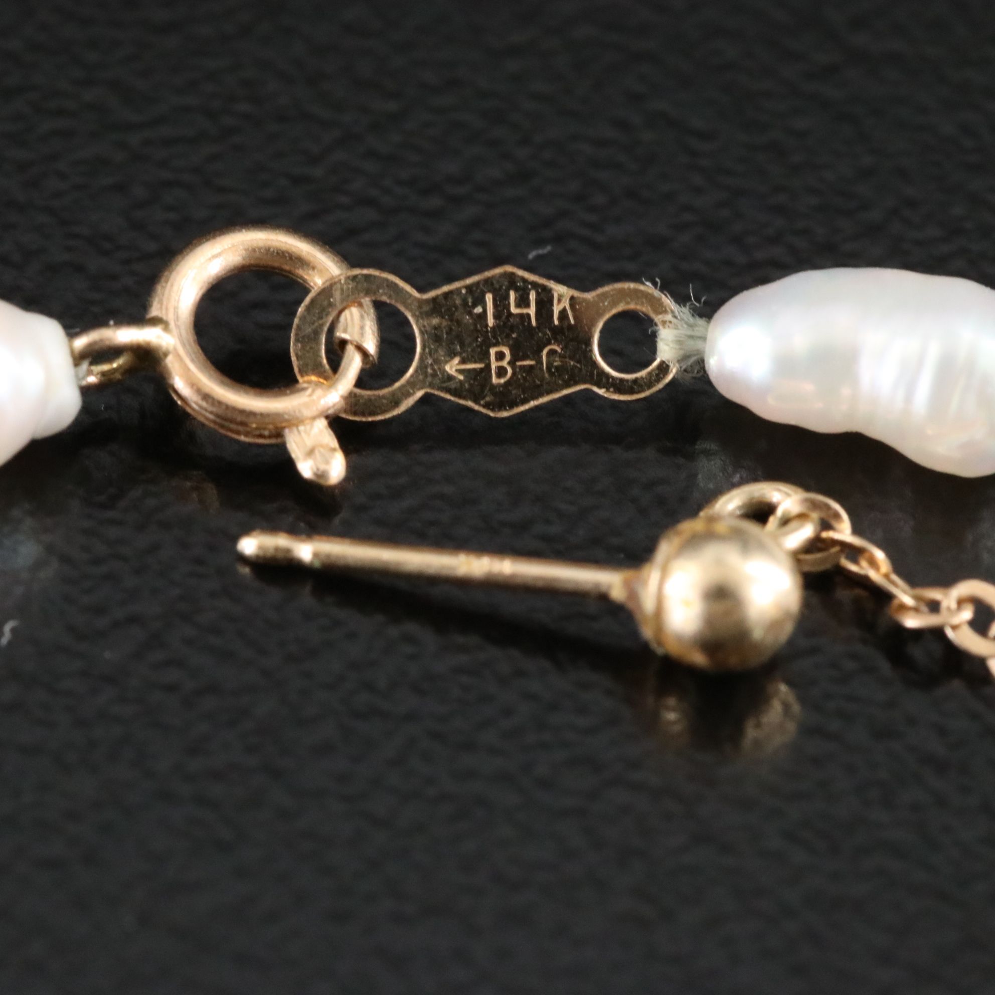 14K Pearl Necklace and Drop Earrings