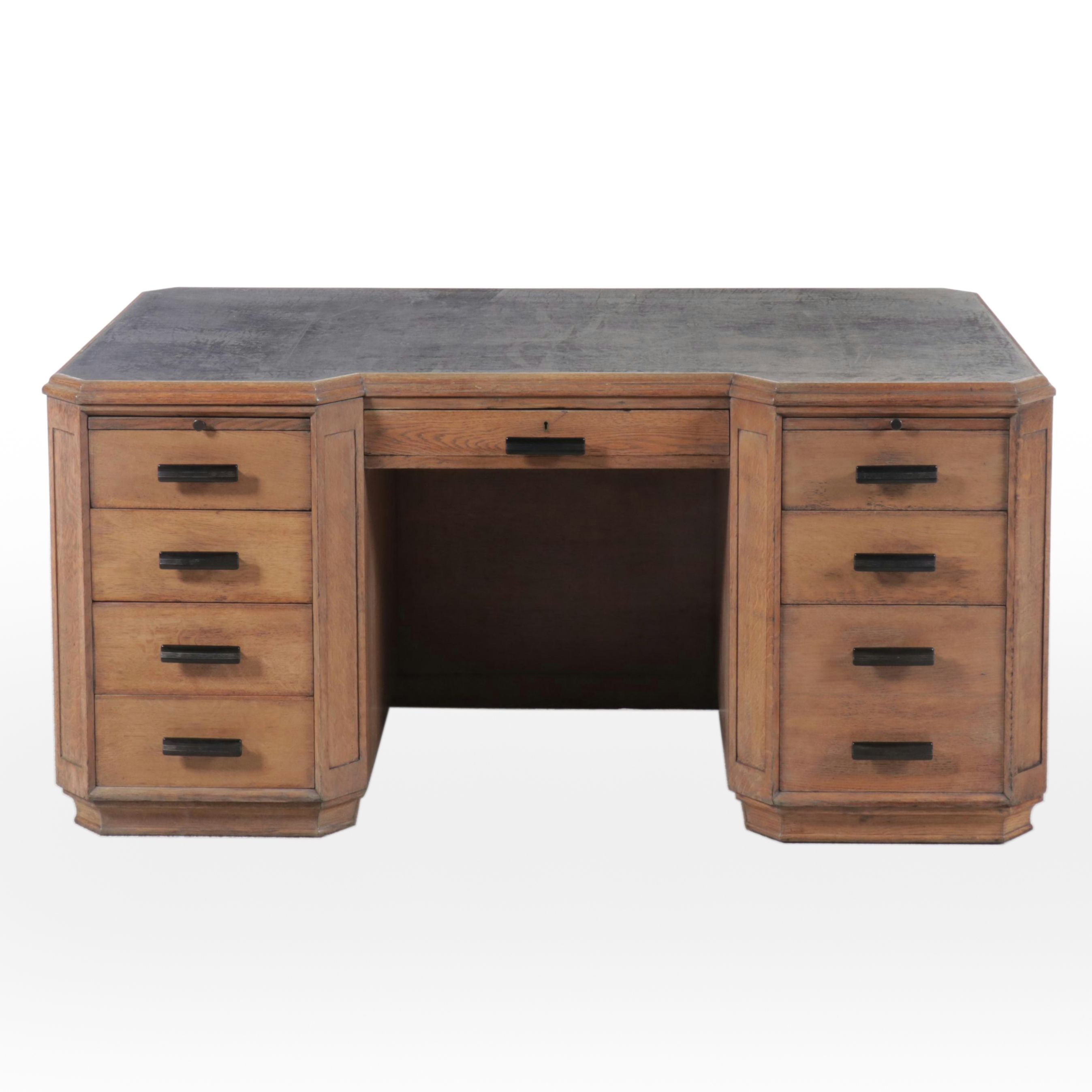 Edwardian Style Leather-Top Oak Desk with Ebonized Handles, Early 20th C.