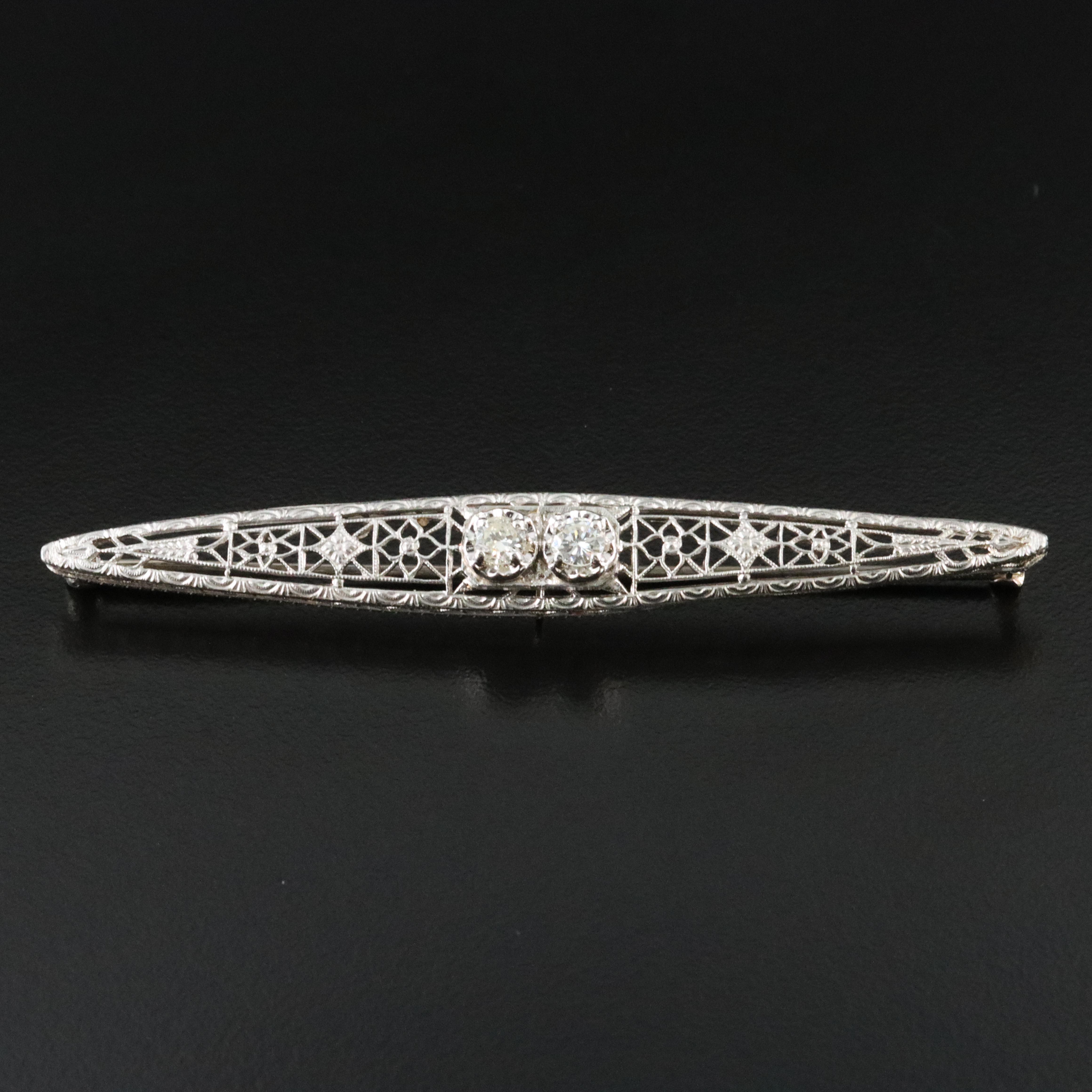 Kohn & Co. 14K 0.32 CTW Diamond Bar Brooch w/ Platinum Front Accent, Art Deco