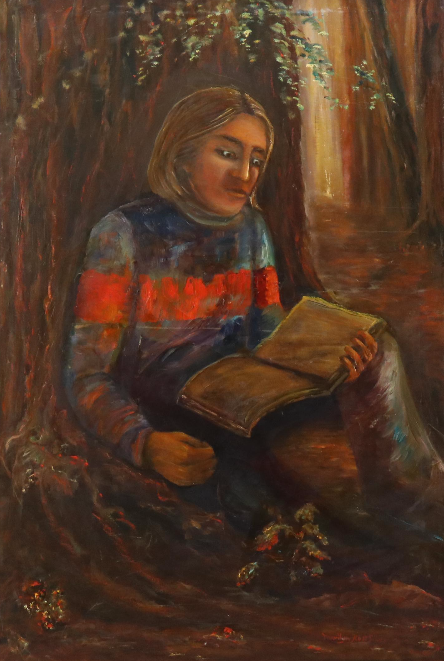 Marilyn Rose Silver Oil Painting of Young Woman Reading Underneath Tree, 1983