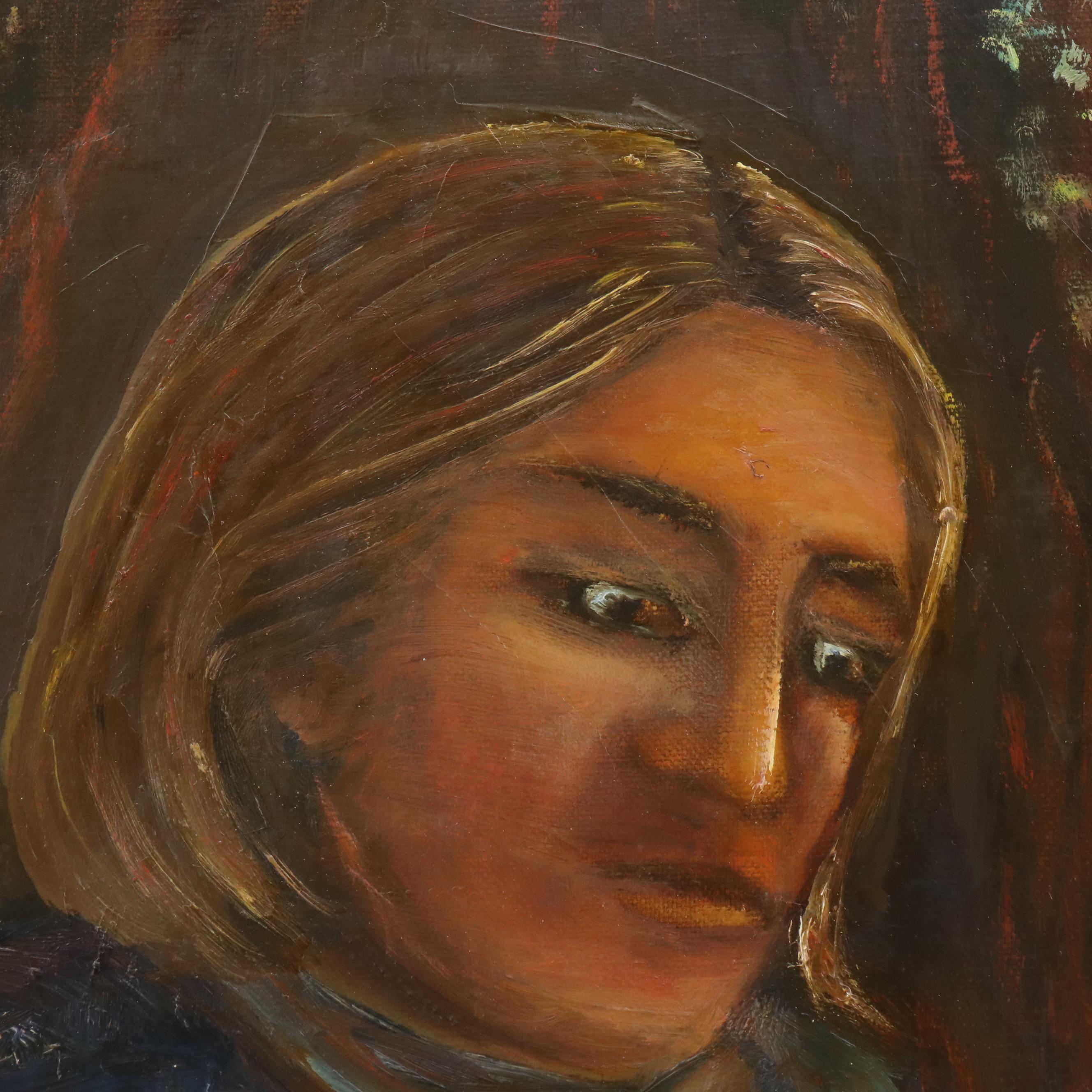 Marilyn Rose Silver Oil Painting of Young Woman Reading Underneath Tree, 1983