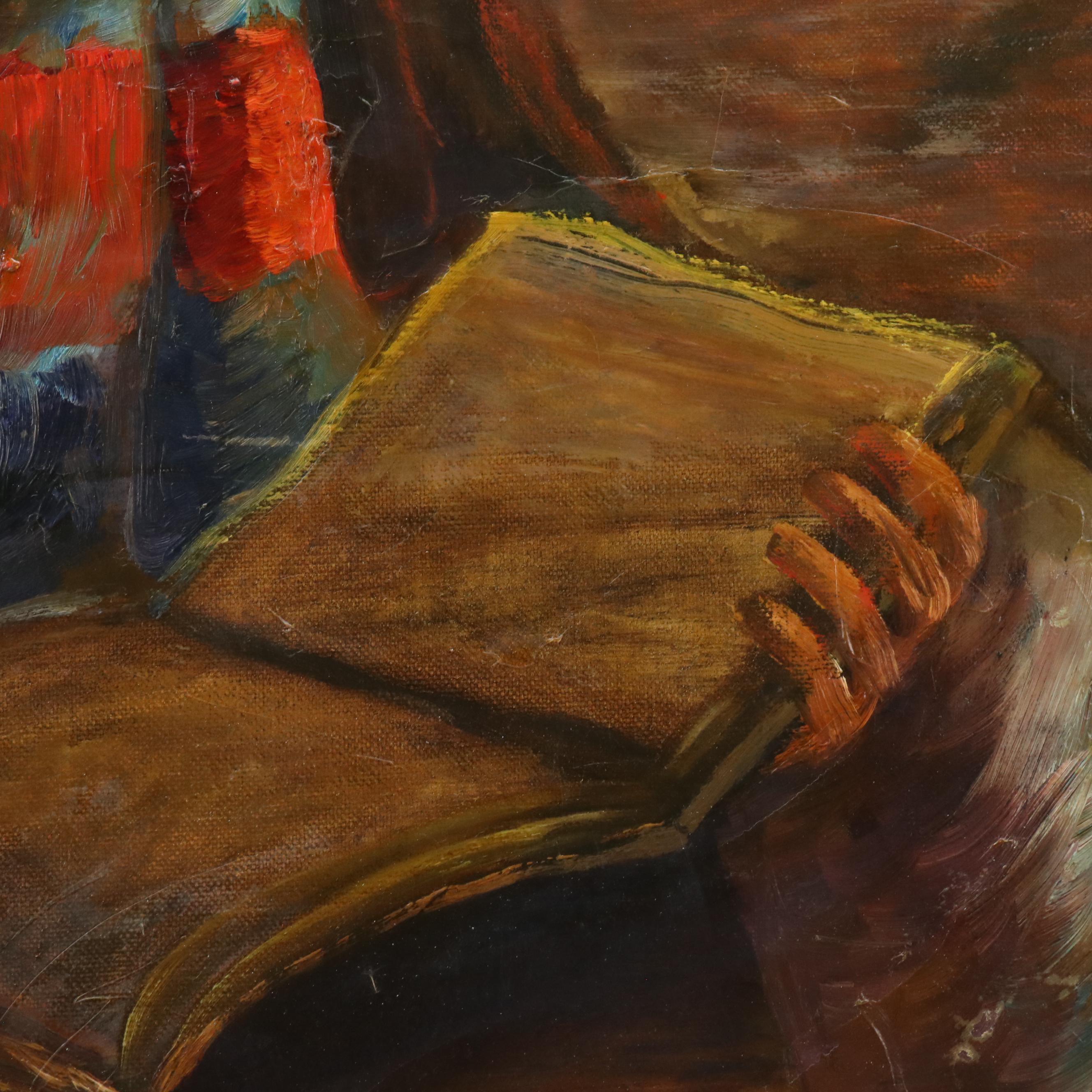 Marilyn Rose Silver Oil Painting of Young Woman Reading Underneath Tree, 1983