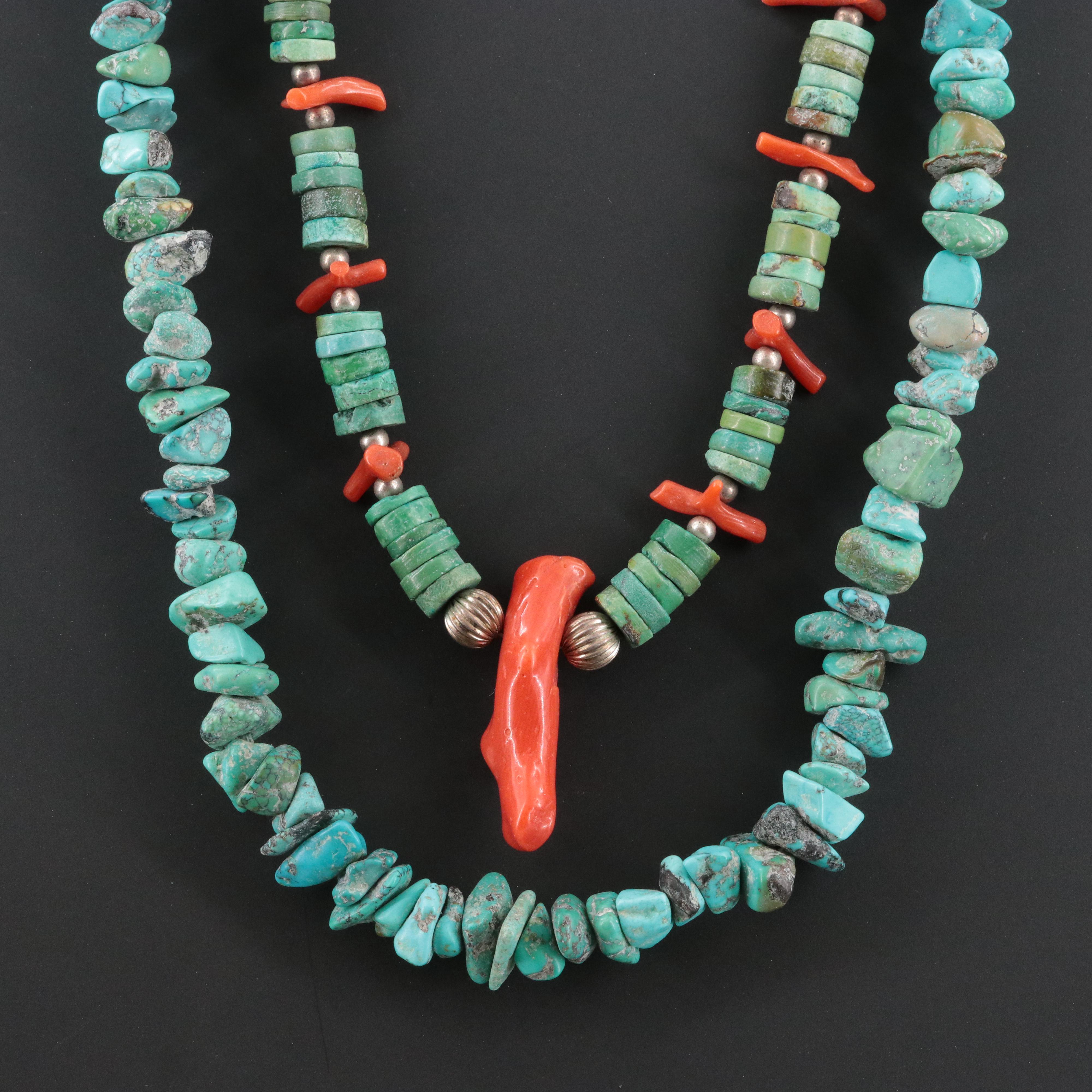 Sterling Turquoise and Coral and Endless Turquoise Bead Necklaces
