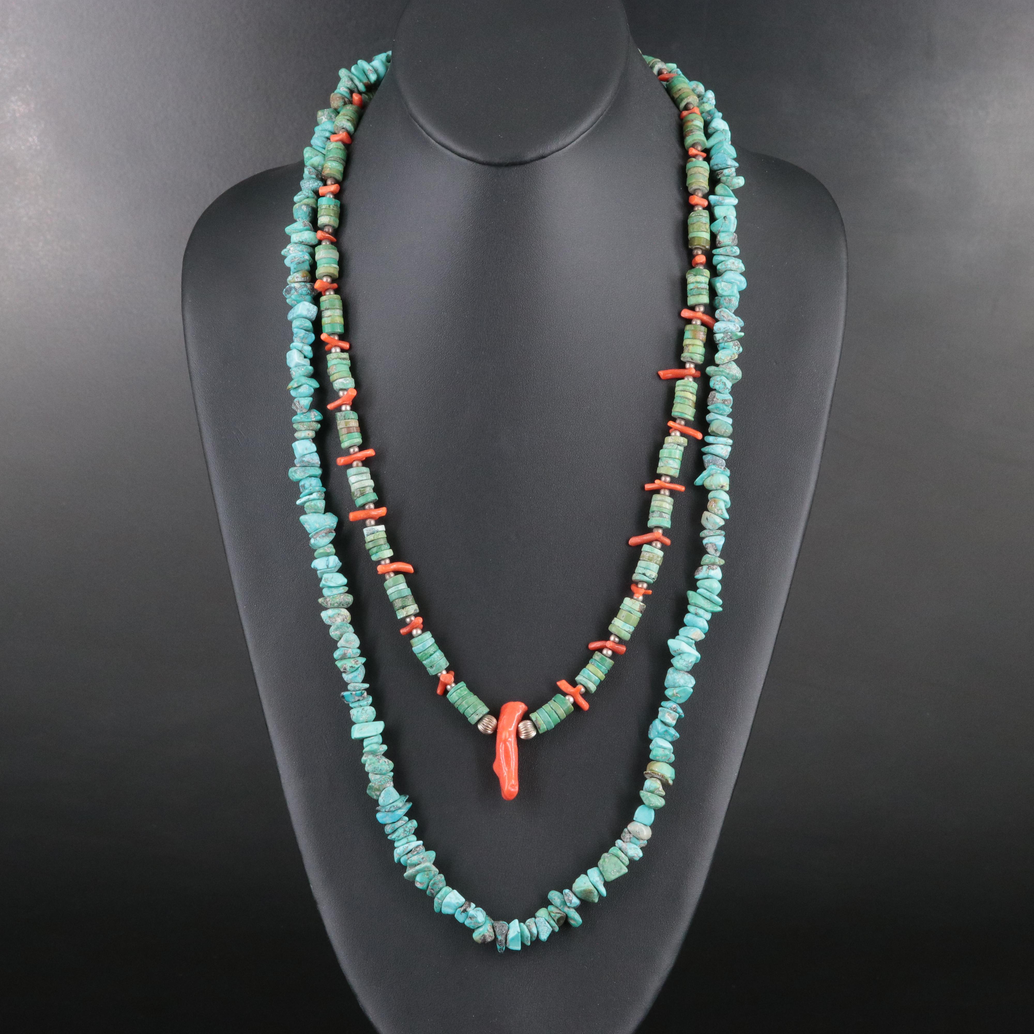 Sterling Turquoise and Coral and Endless Turquoise Bead Necklaces