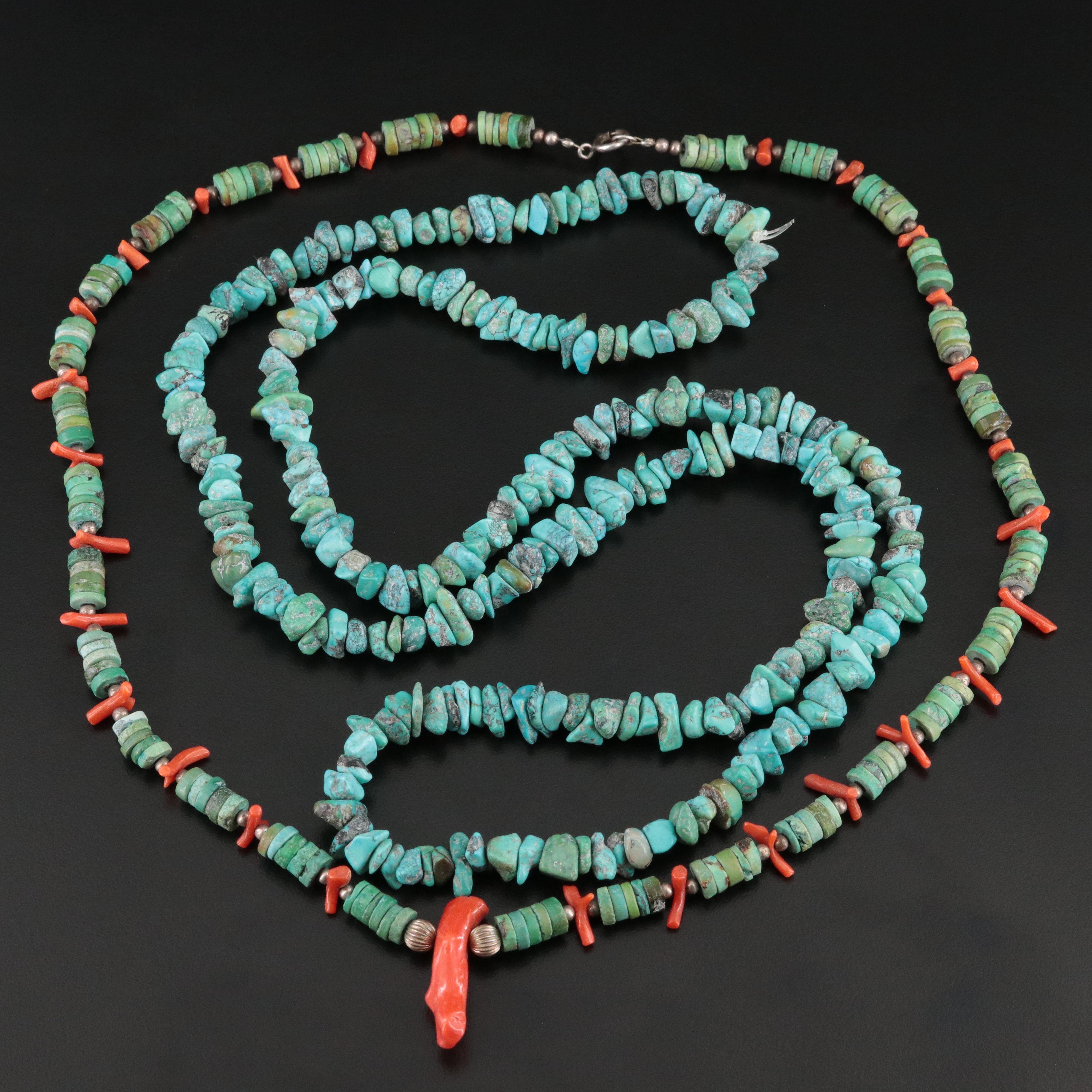 Sterling Turquoise and Coral and Endless Turquoise Bead Necklaces