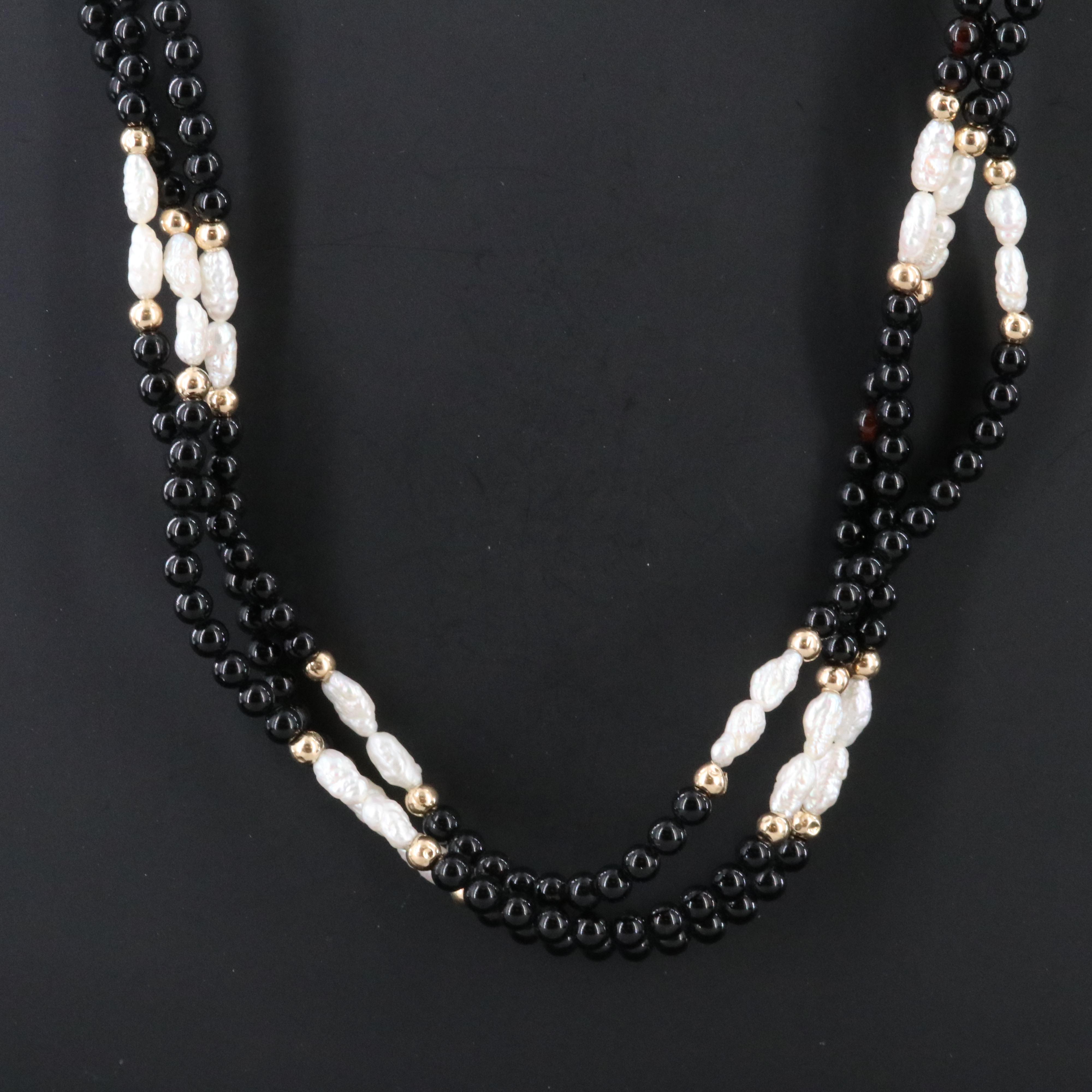 14K Black Onyx and Pearl Torsade Necklace