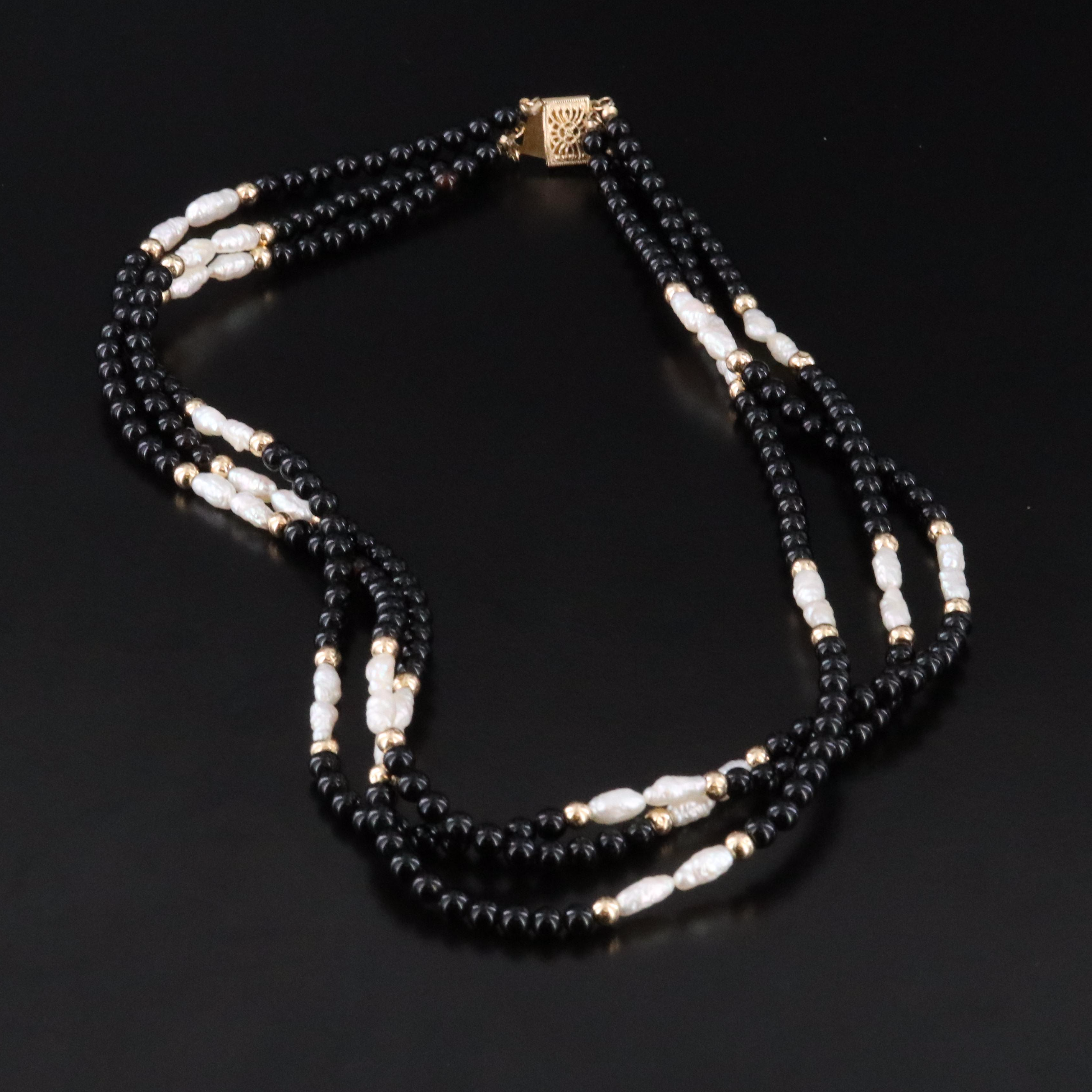 14K Black Onyx and Pearl Torsade Necklace