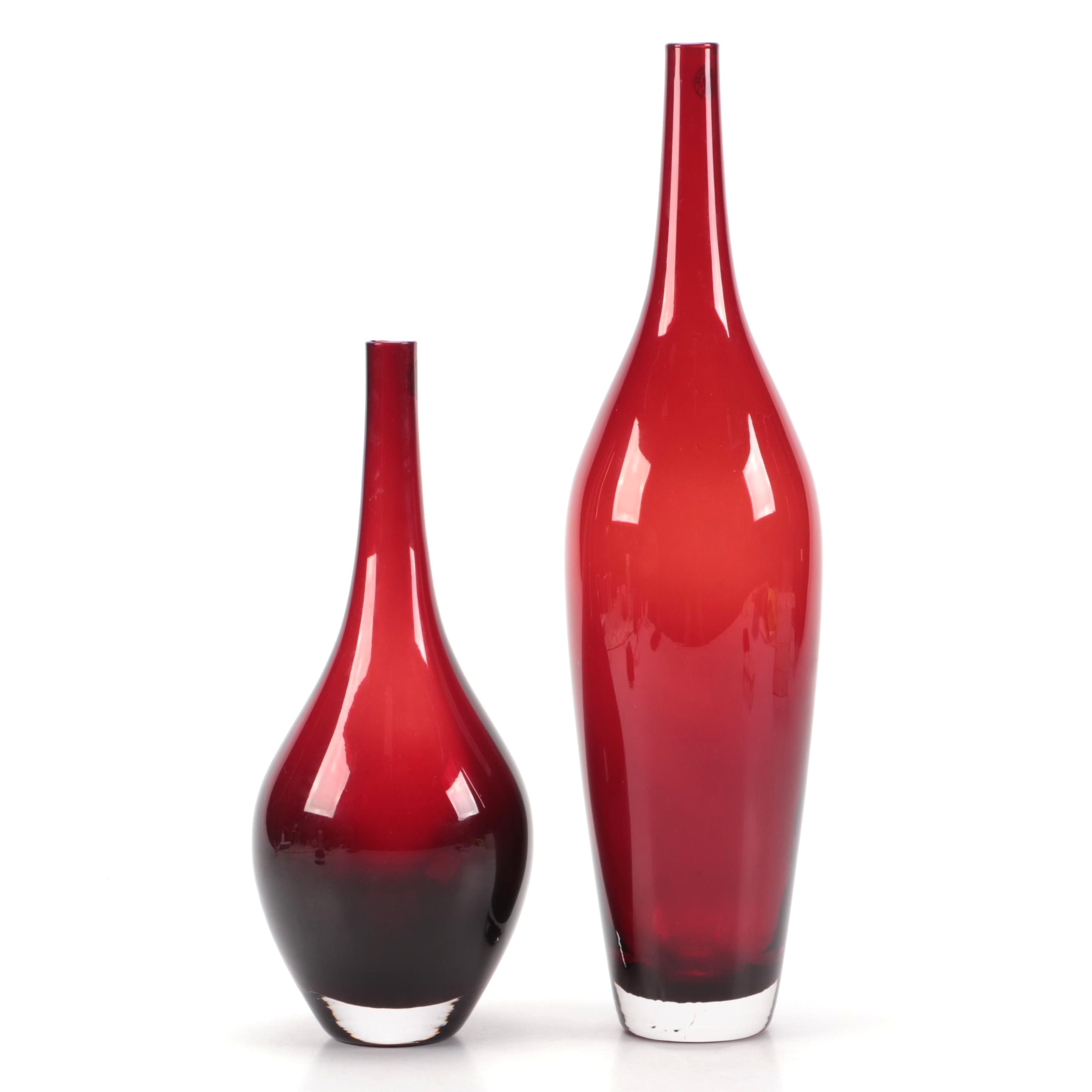 Mid Century Modern Style Red Handblown Glass Vases