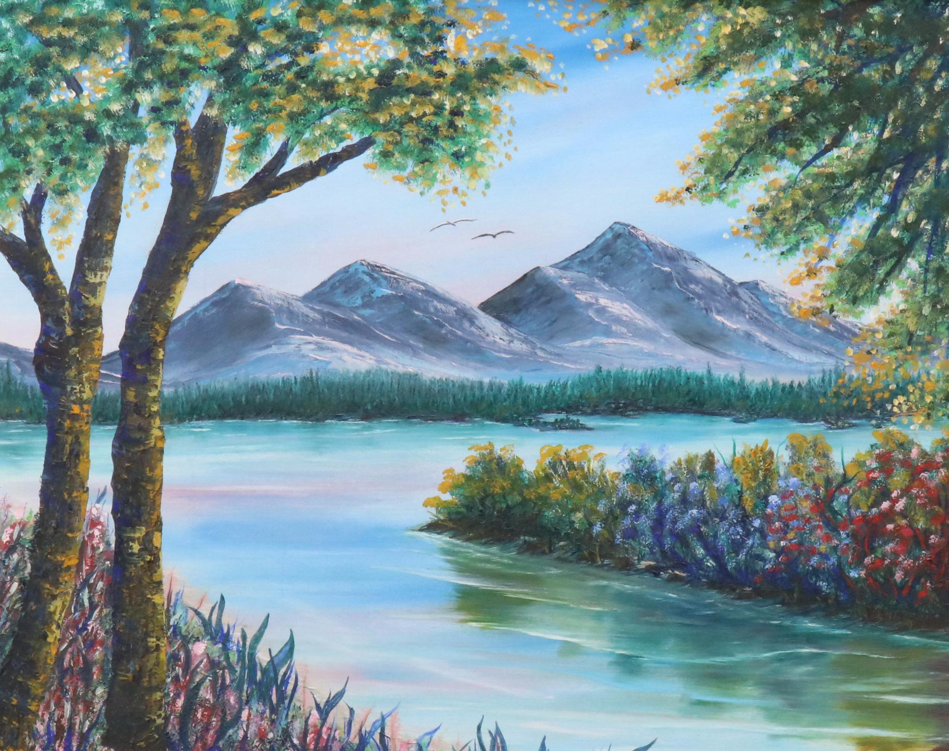 Mountainous Lake Landscape Acrylic Painting "Reflection of Spring," 21st Century