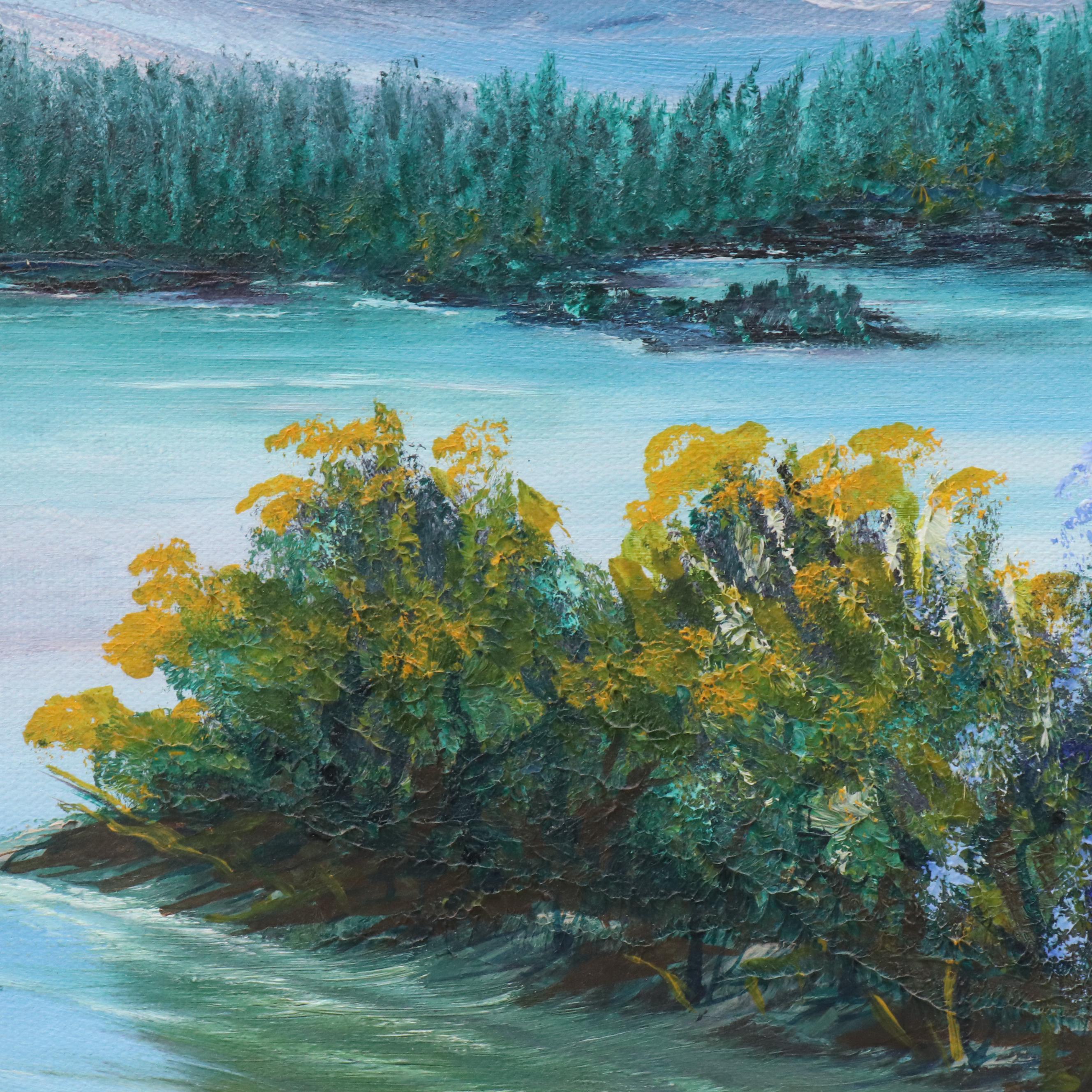 Mountainous Lake Landscape Acrylic Painting "Reflection of Spring," 21st Century