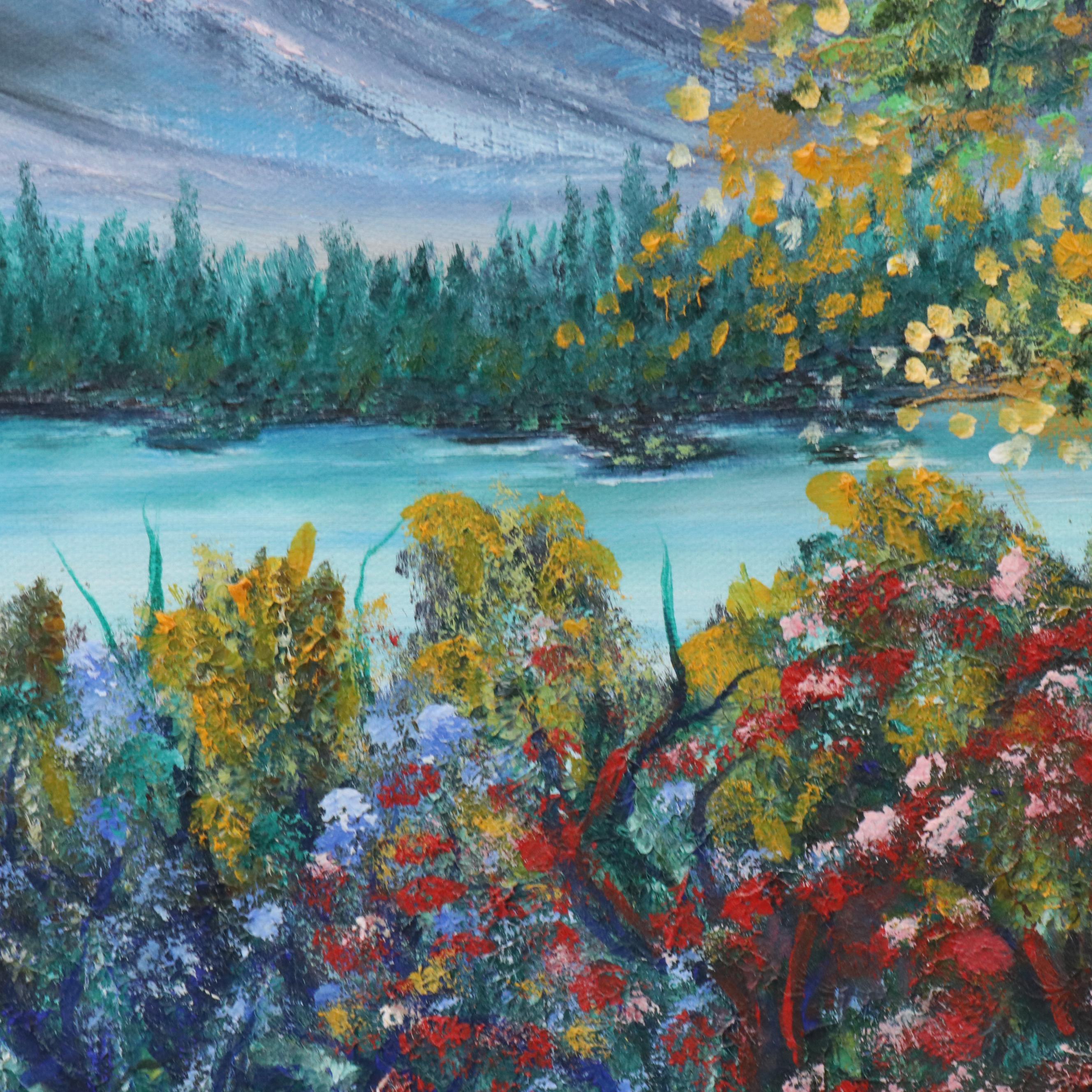 Mountainous Lake Landscape Acrylic Painting "Reflection of Spring," 21st Century