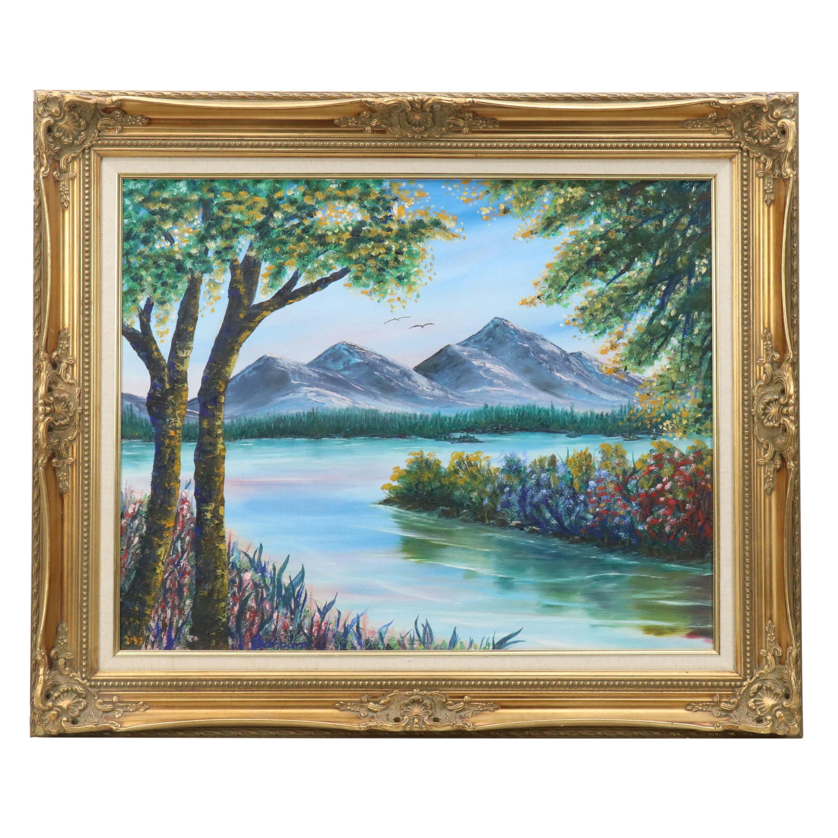 Mountainous Lake Landscape Acrylic Painting "Reflection of Spring," 21st Century