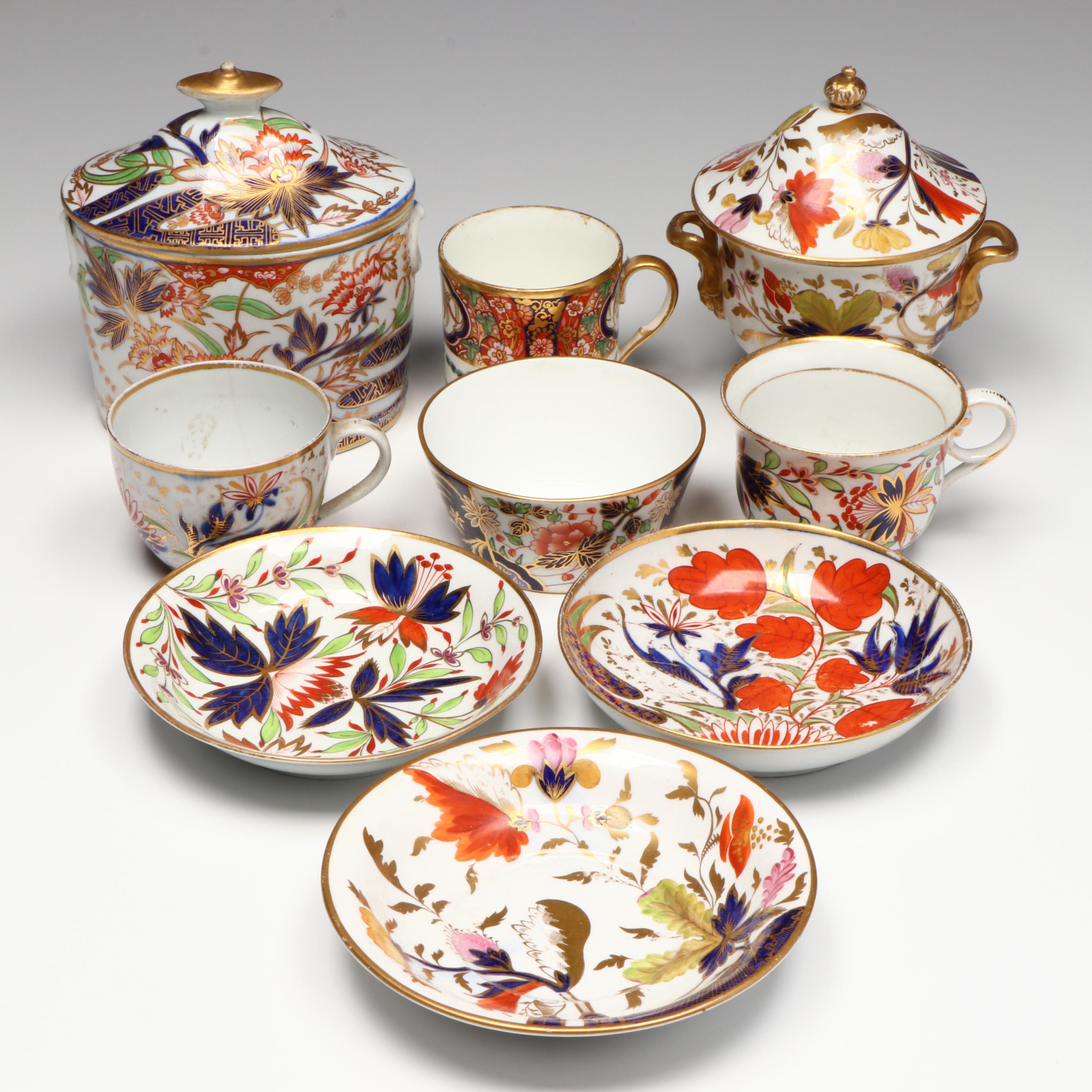Coalport Imariware Lidded Vessel with Georgian Cups and Saucers, Sugar Bowl