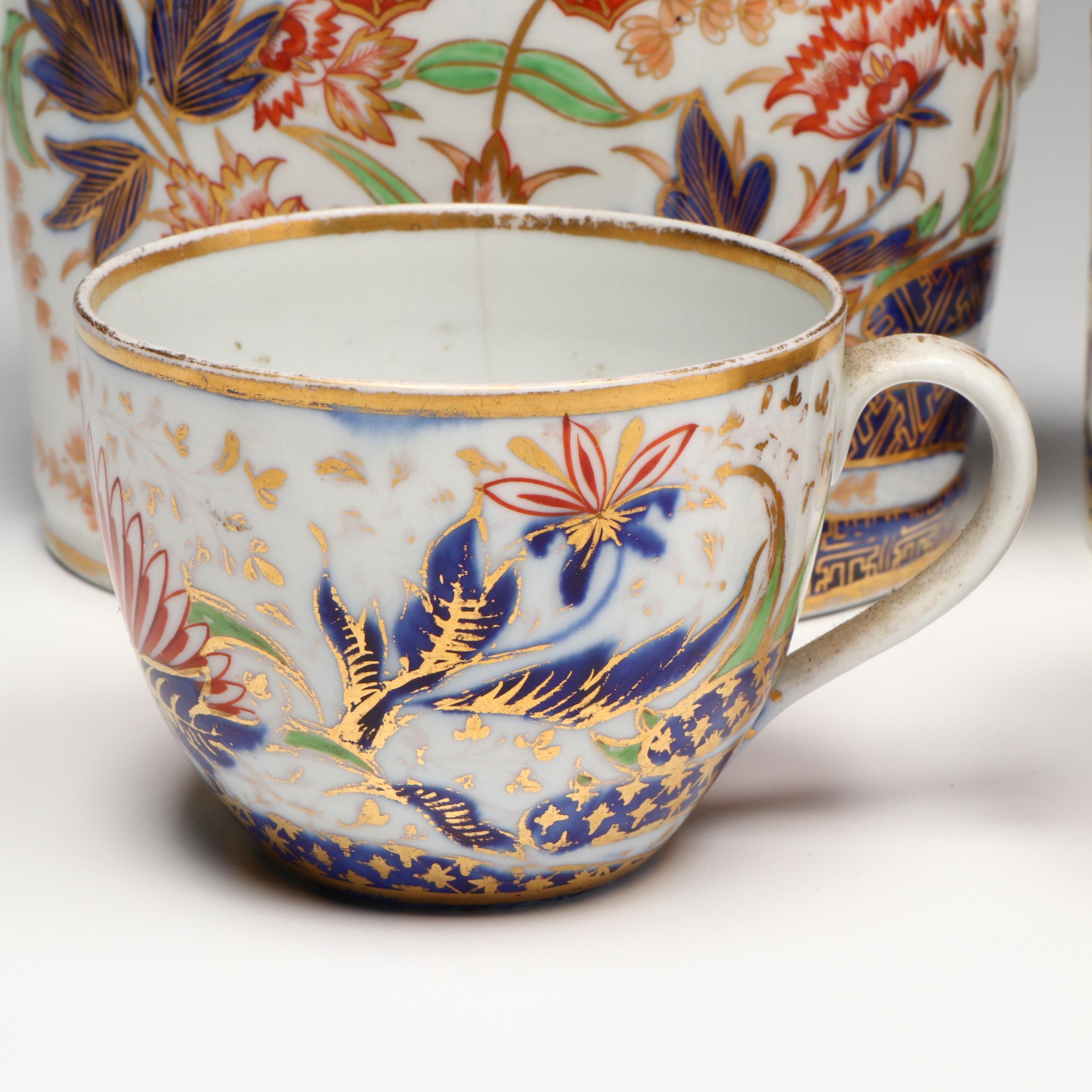 Coalport Imariware Lidded Vessel with Georgian Cups and Saucers, Sugar Bowl