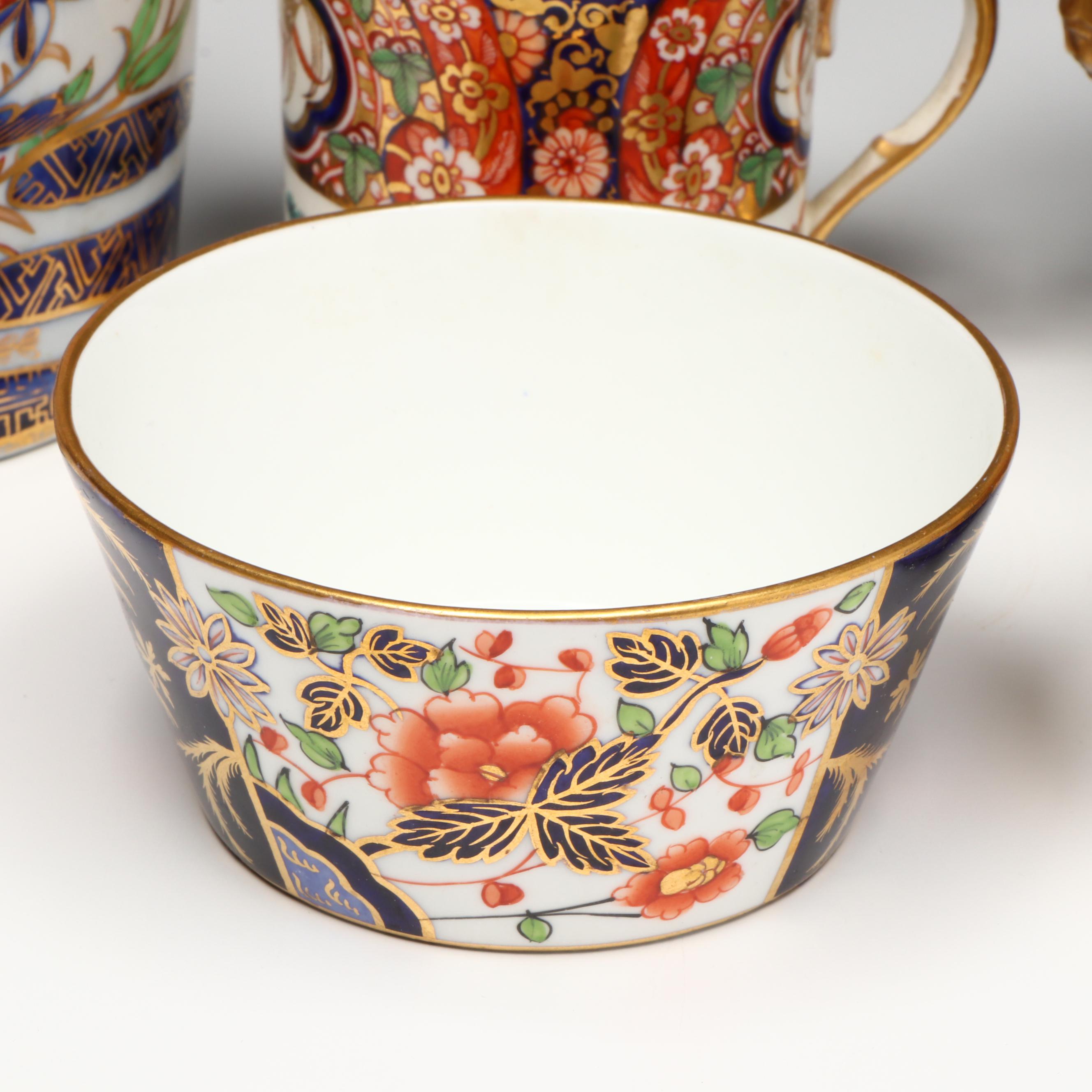 Coalport Imariware Lidded Vessel with Georgian Cups and Saucers, Sugar Bowl