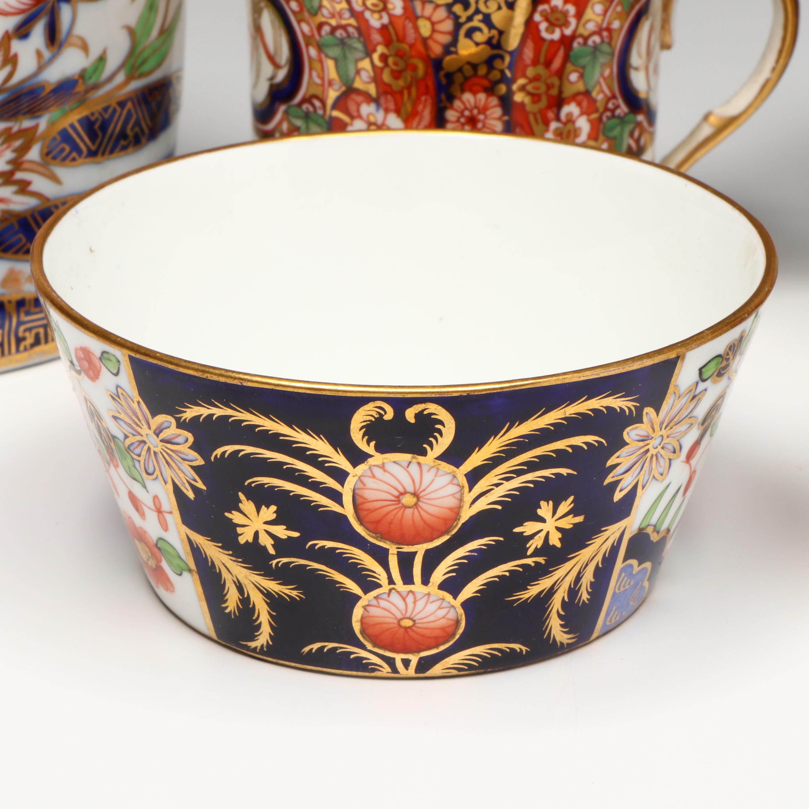 Coalport Imariware Lidded Vessel with Georgian Cups and Saucers, Sugar Bowl