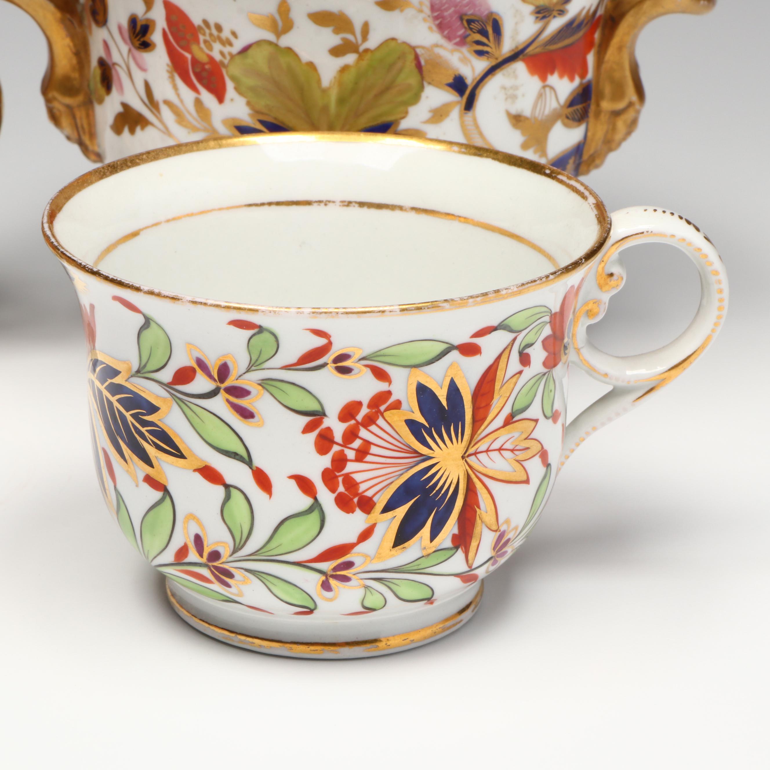 Coalport Imariware Lidded Vessel with Georgian Cups and Saucers, Sugar Bowl