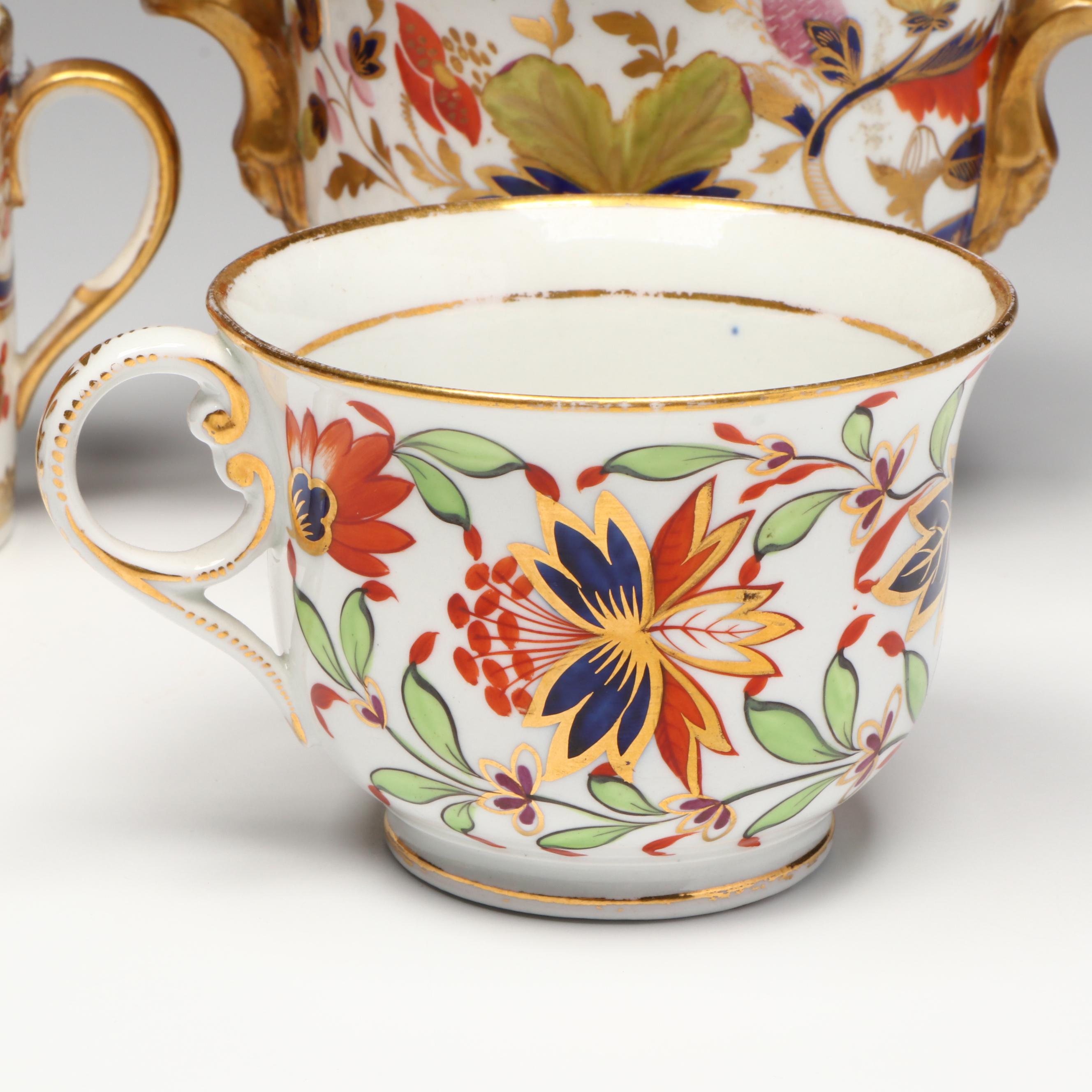 Coalport Imariware Lidded Vessel with Georgian Cups and Saucers, Sugar Bowl