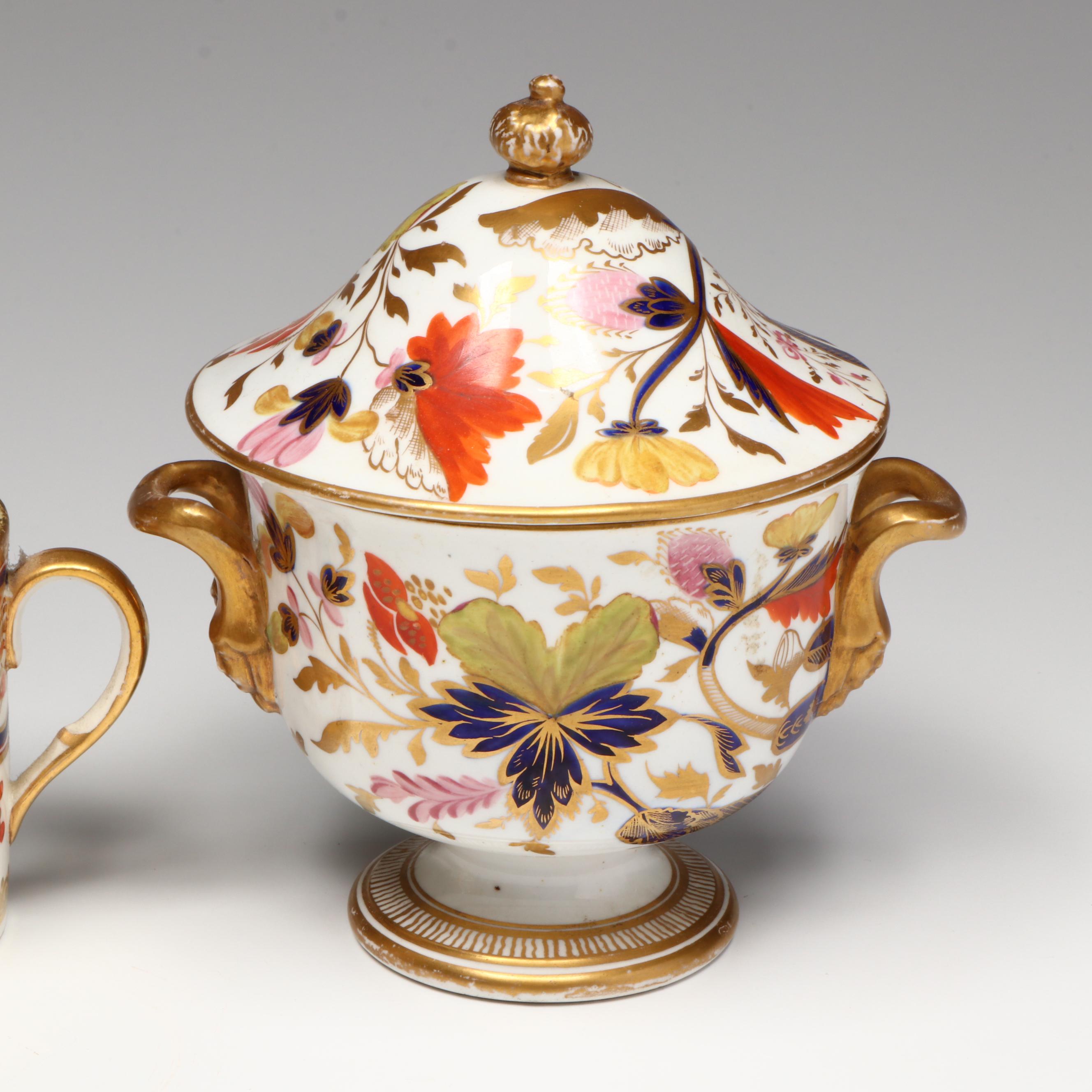 Coalport Imariware Lidded Vessel with Georgian Cups and Saucers, Sugar Bowl