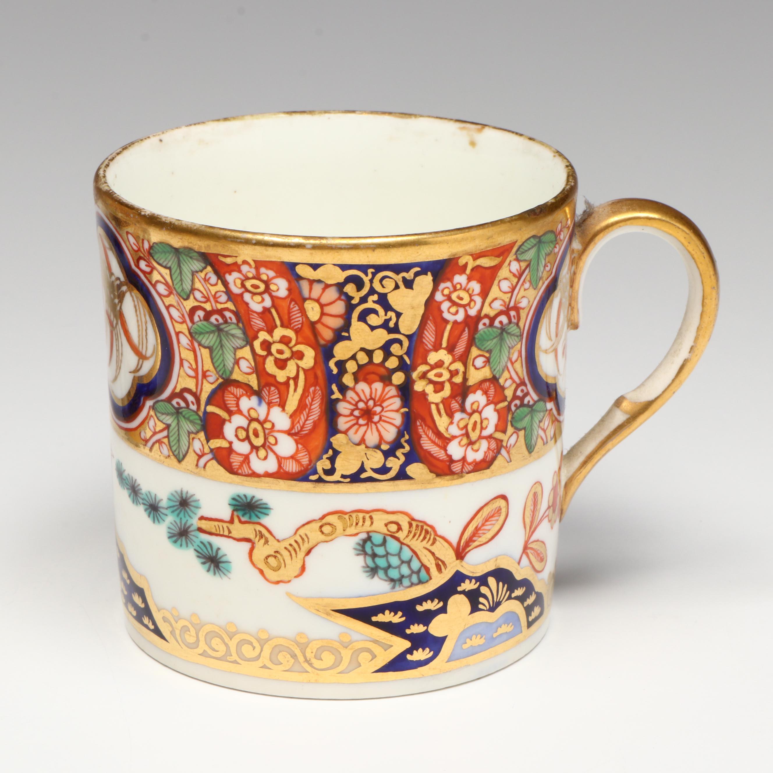 Coalport Imariware Lidded Vessel with Georgian Cups and Saucers, Sugar Bowl