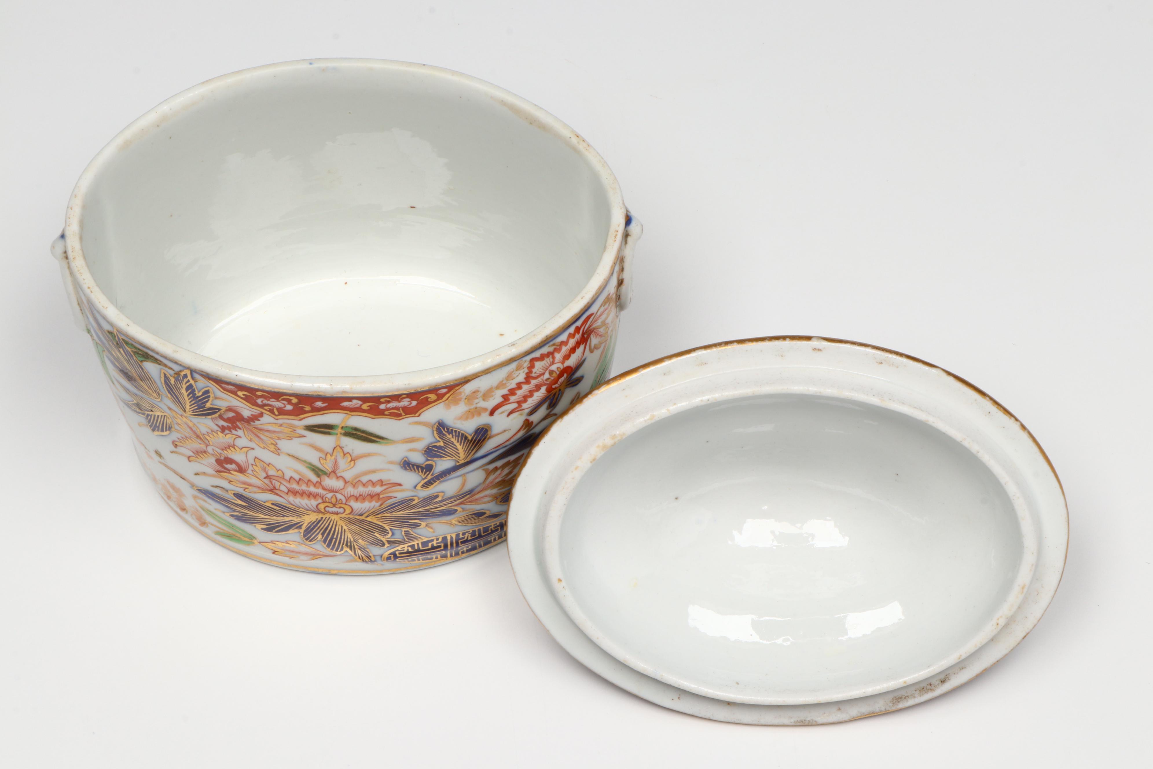 Coalport Imariware Lidded Vessel with Georgian Cups and Saucers, Sugar Bowl