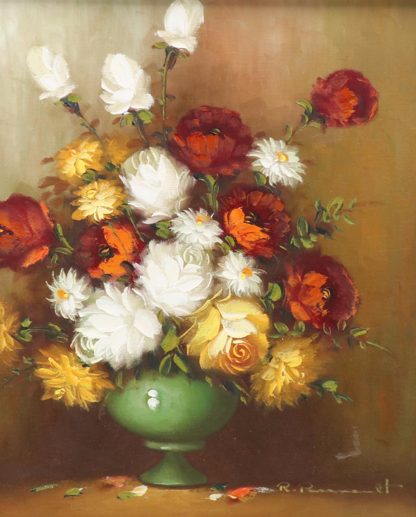 Floral Still Life Oil Painting with Vase of Roses and Poppies