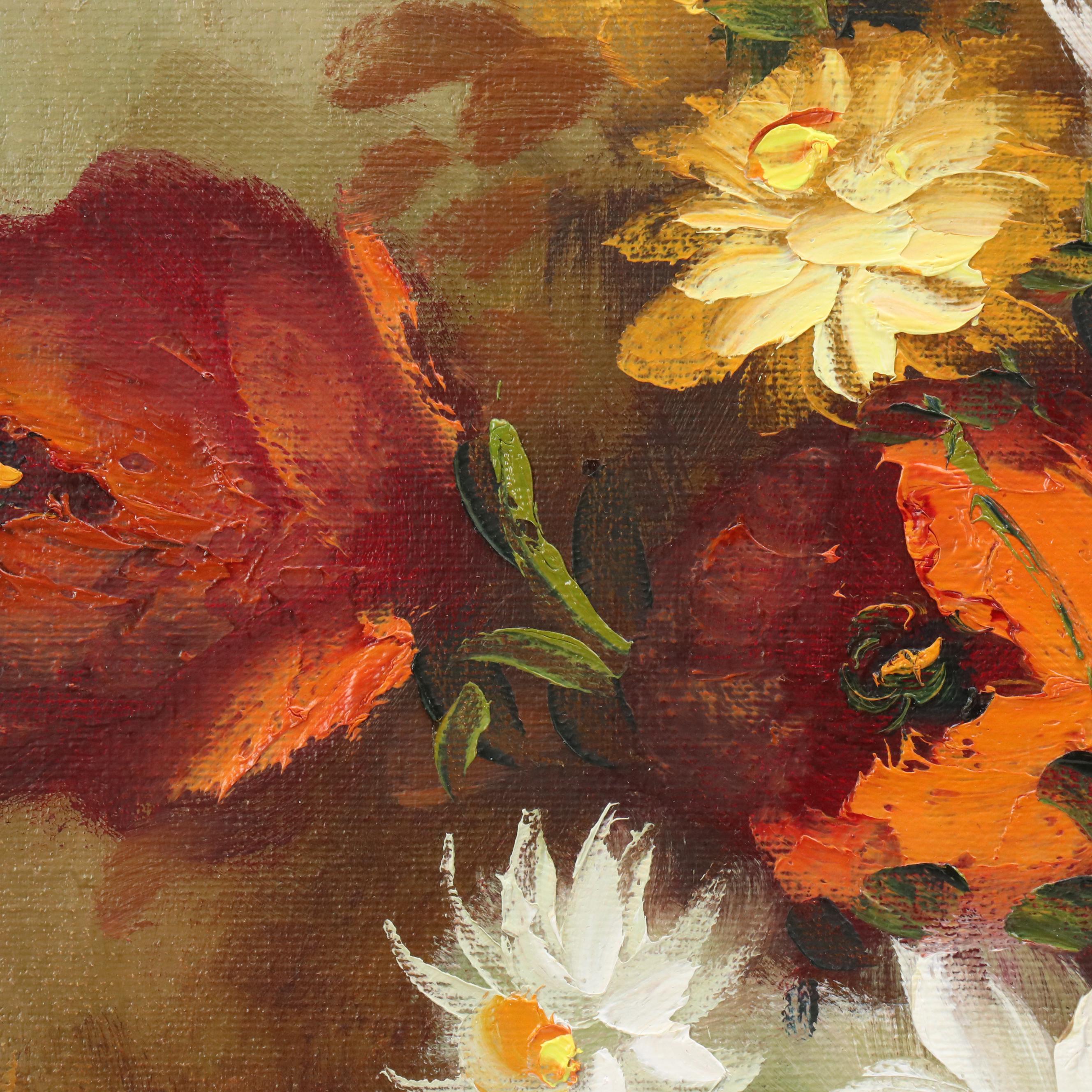 Floral Still Life Oil Painting with Vase of Roses and Poppies