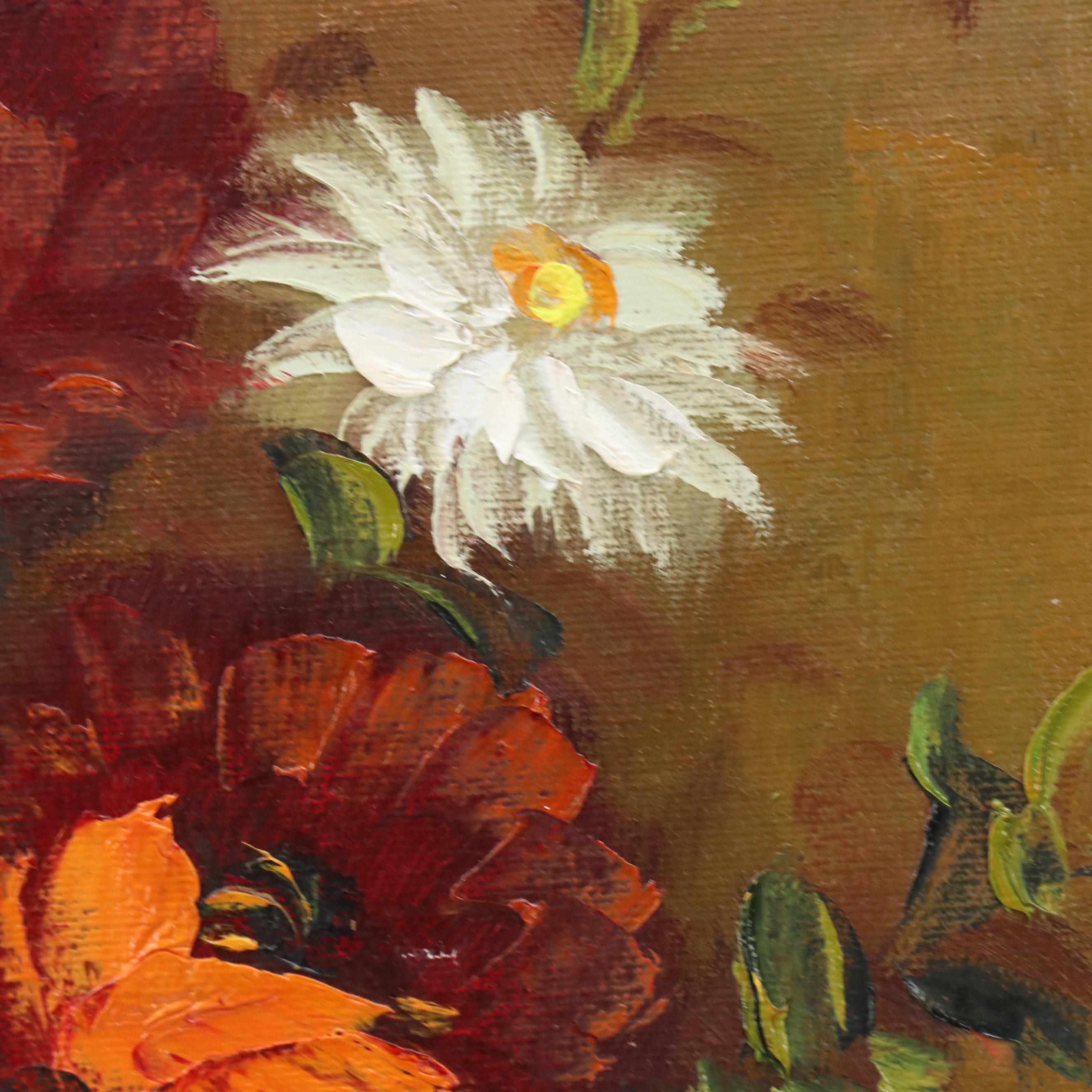 Floral Still Life Oil Painting with Vase of Roses and Poppies